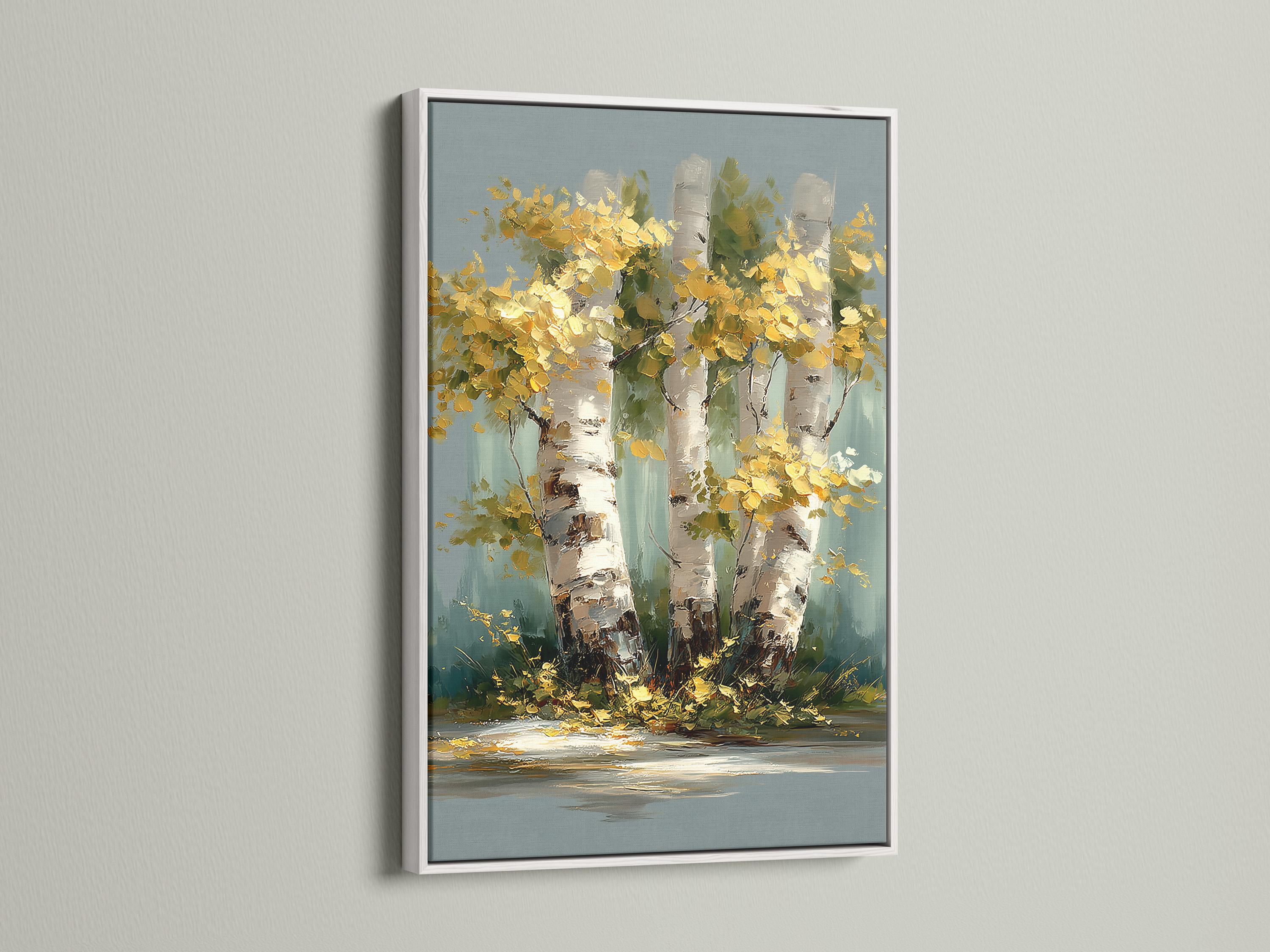 Autumn birch forest painting with golden leaves and white tree trunks on a blue-green background detail view
