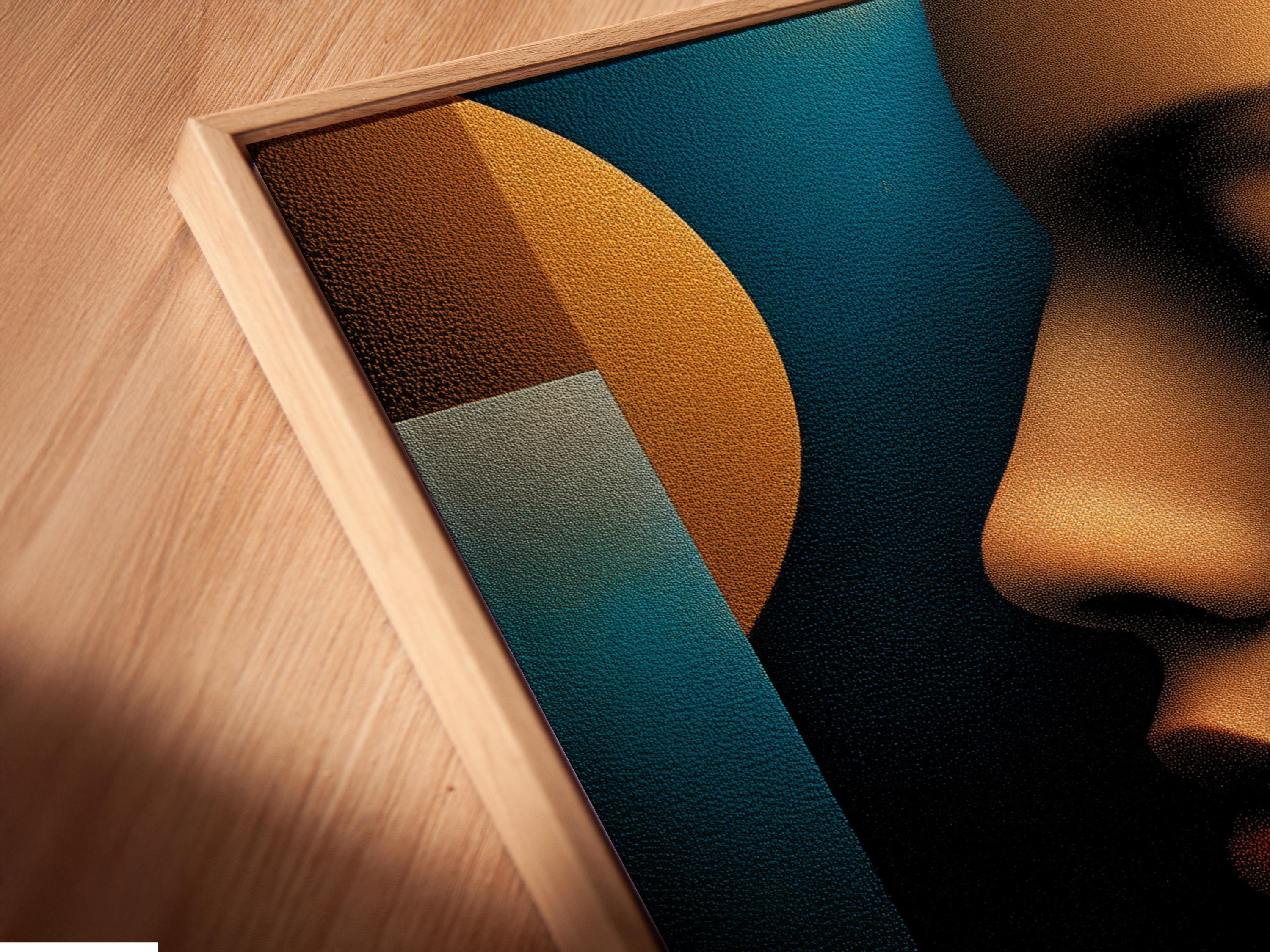 Abstract woman portrait profile in teal, bronze and burnt red-orange with textured shading detail view