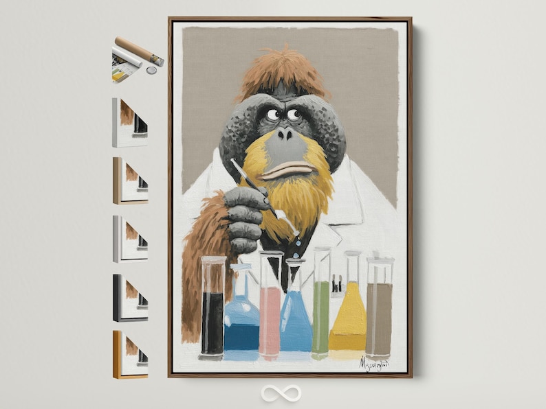 Painterly ape scientist in a white lab coat holding a marker-like tool with colourful lab bottles and beakers below