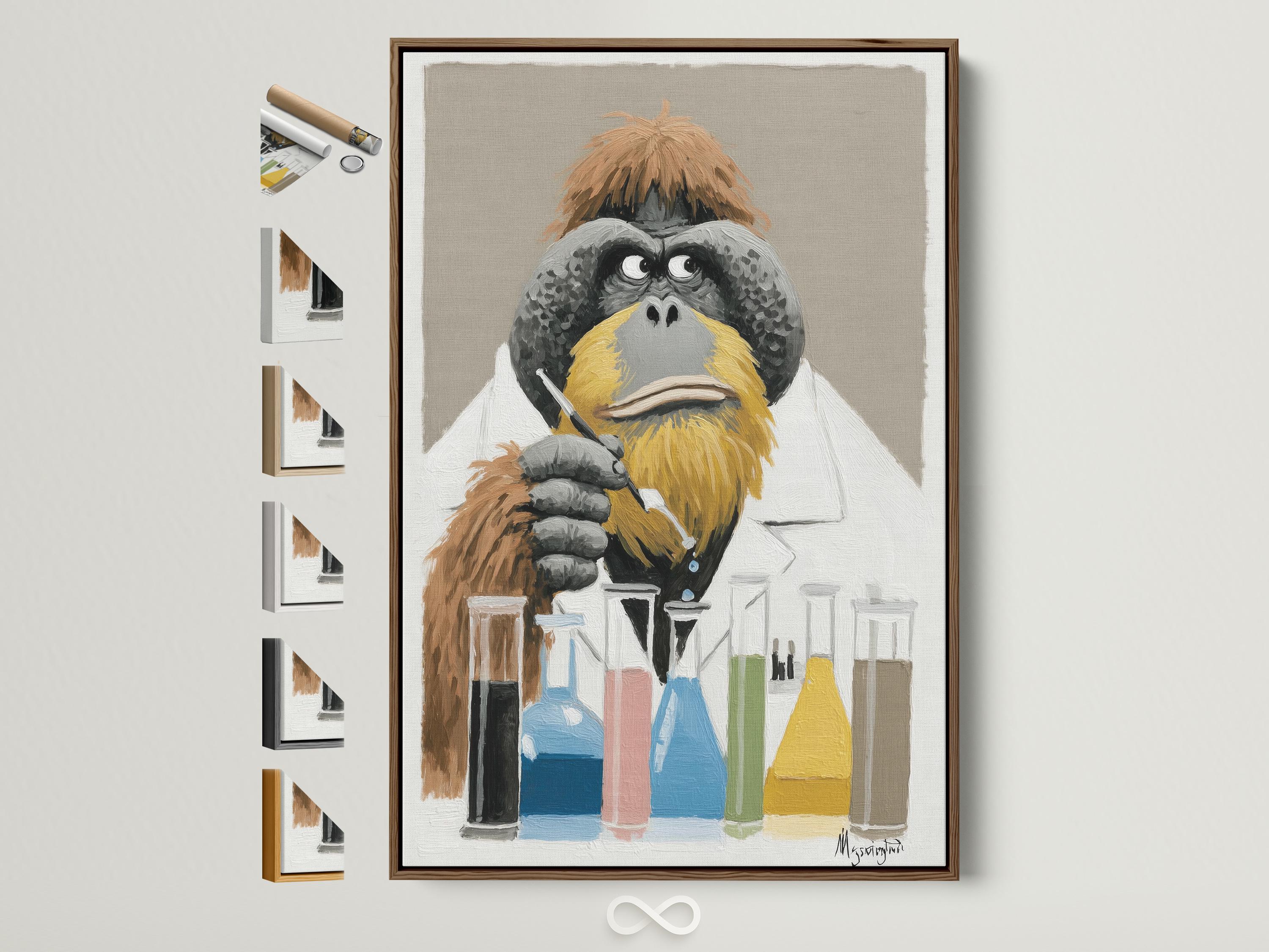 Painterly ape scientist in a white lab coat holding a marker-like tool with colourful lab bottles and beakers below
