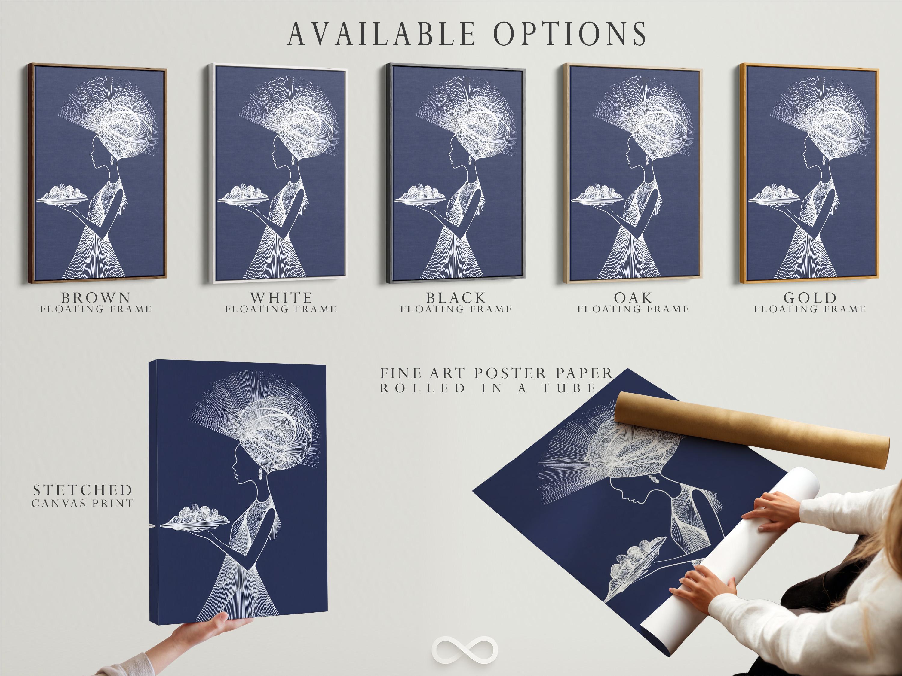 Minimalist white line portrait of a woman in profile on a navy blue background with radiating halo strokes detail view