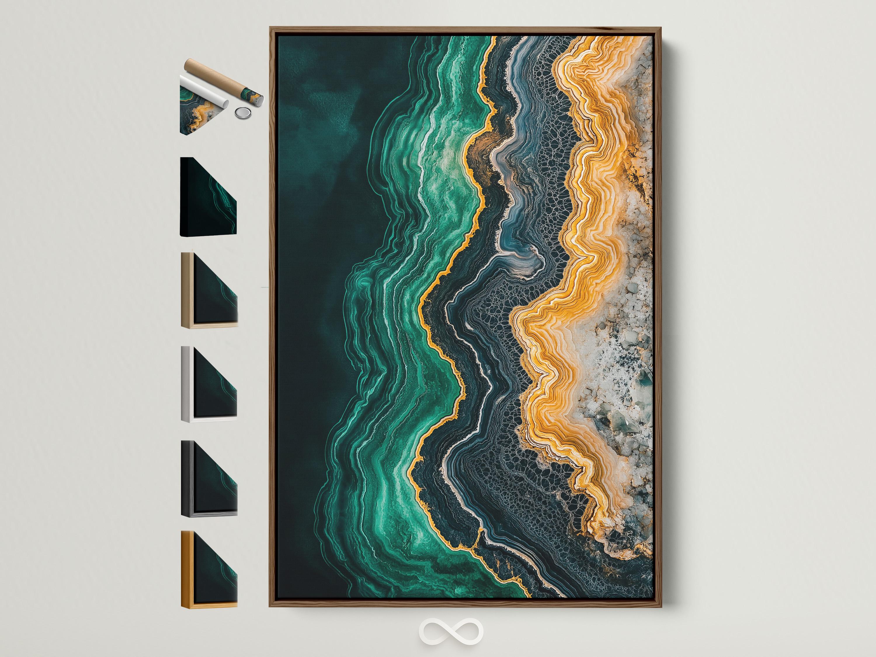 Office room mockup featuring a teal and gold abstract agate-style artwork on a wall