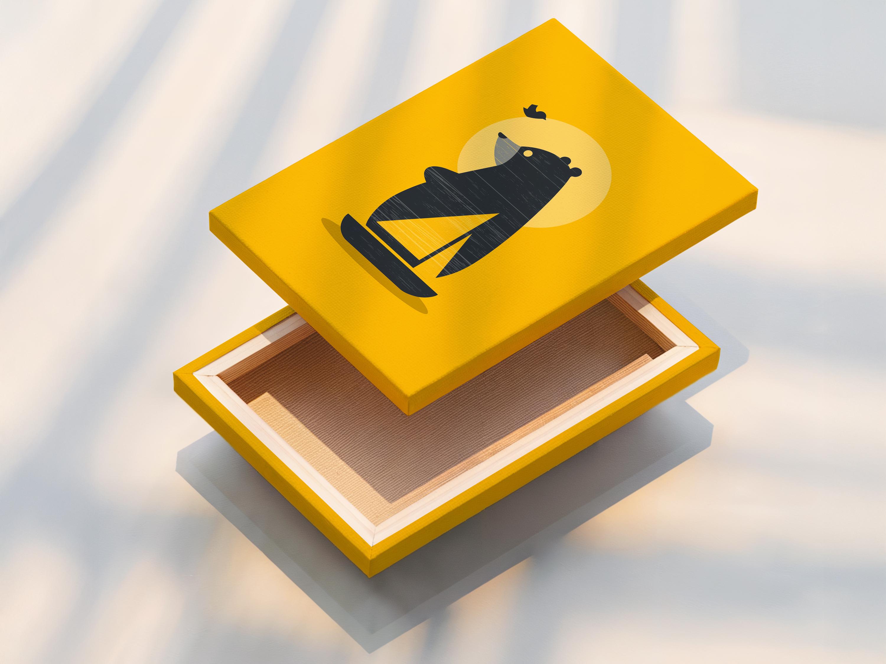 Room mockup showing a framed minimalist bear on a boat artwork on a yellow background