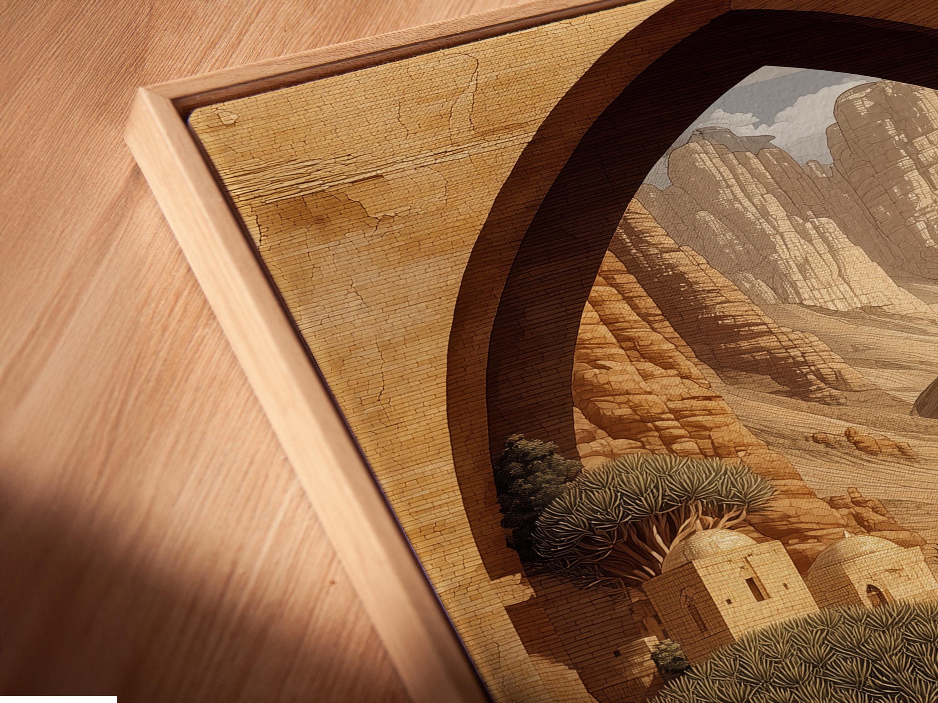 Desert oasis architecture scene with a central arch framing mountains, domes and dark tree canopies detail view
