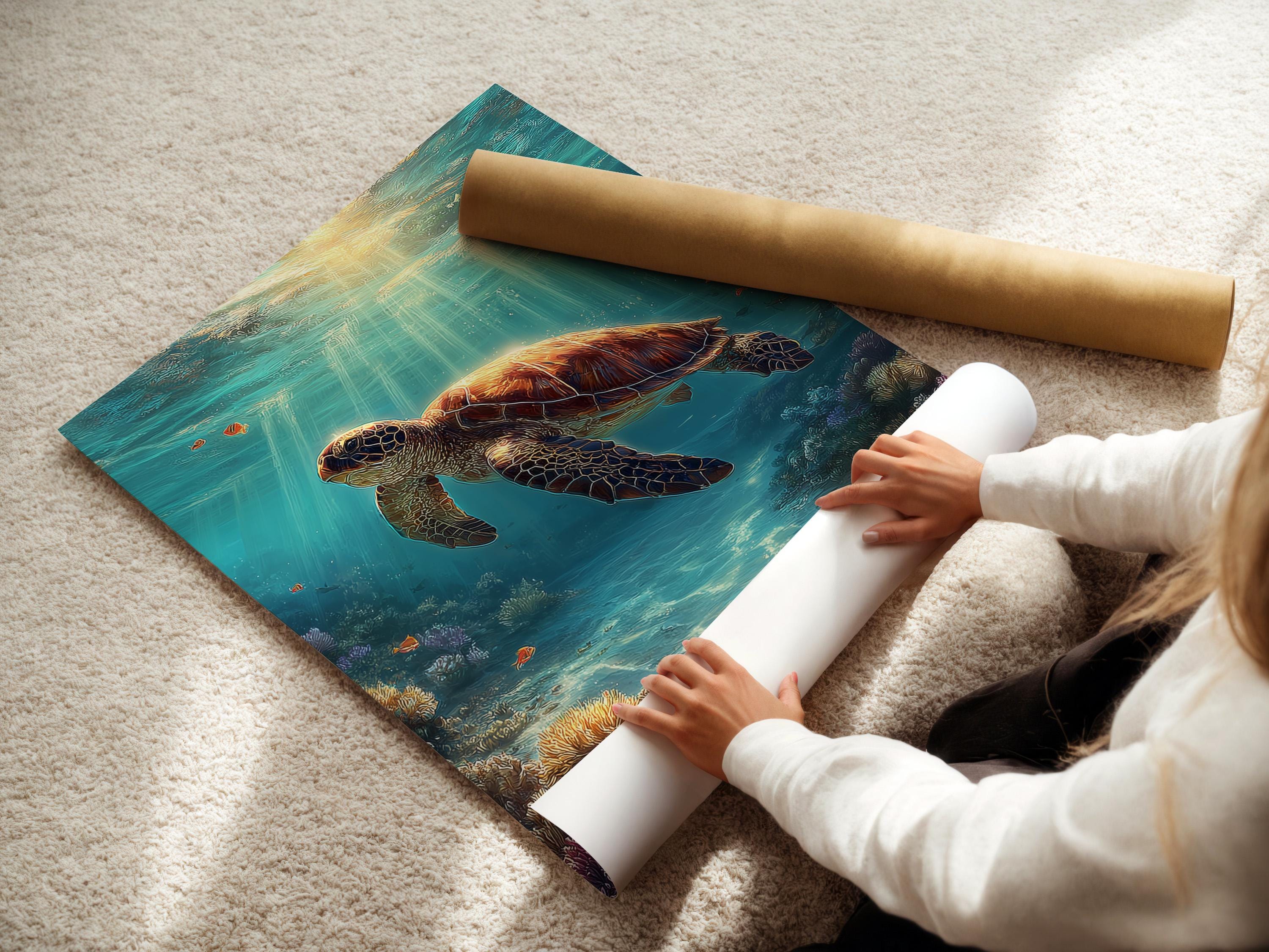 Underwater ocean scene with a swimming sea turtle and coral reef below detail view