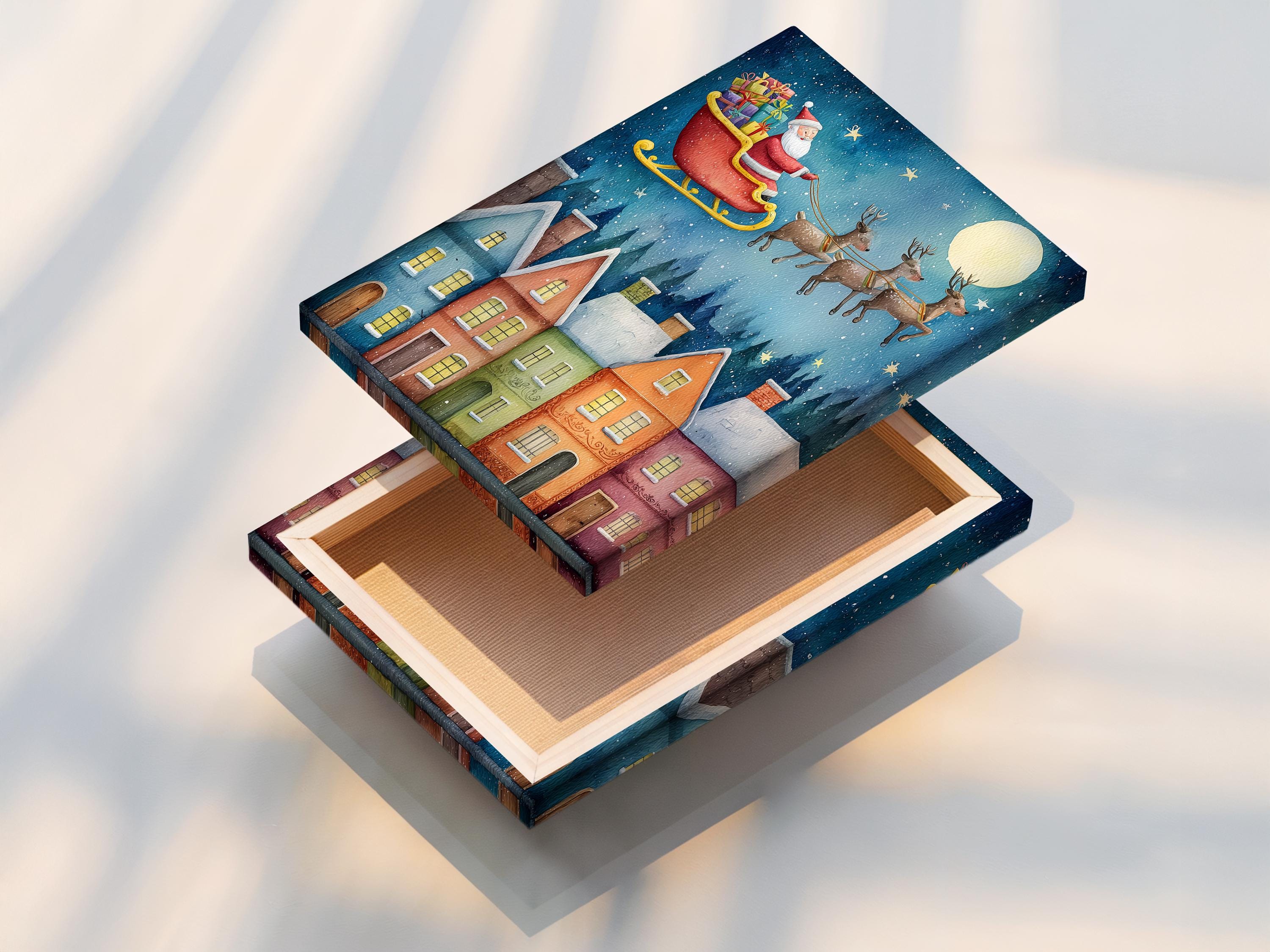 Illustrated Christmas night scene of Santa flying a sleigh with reindeer over a snowy town with glowing windows detail view