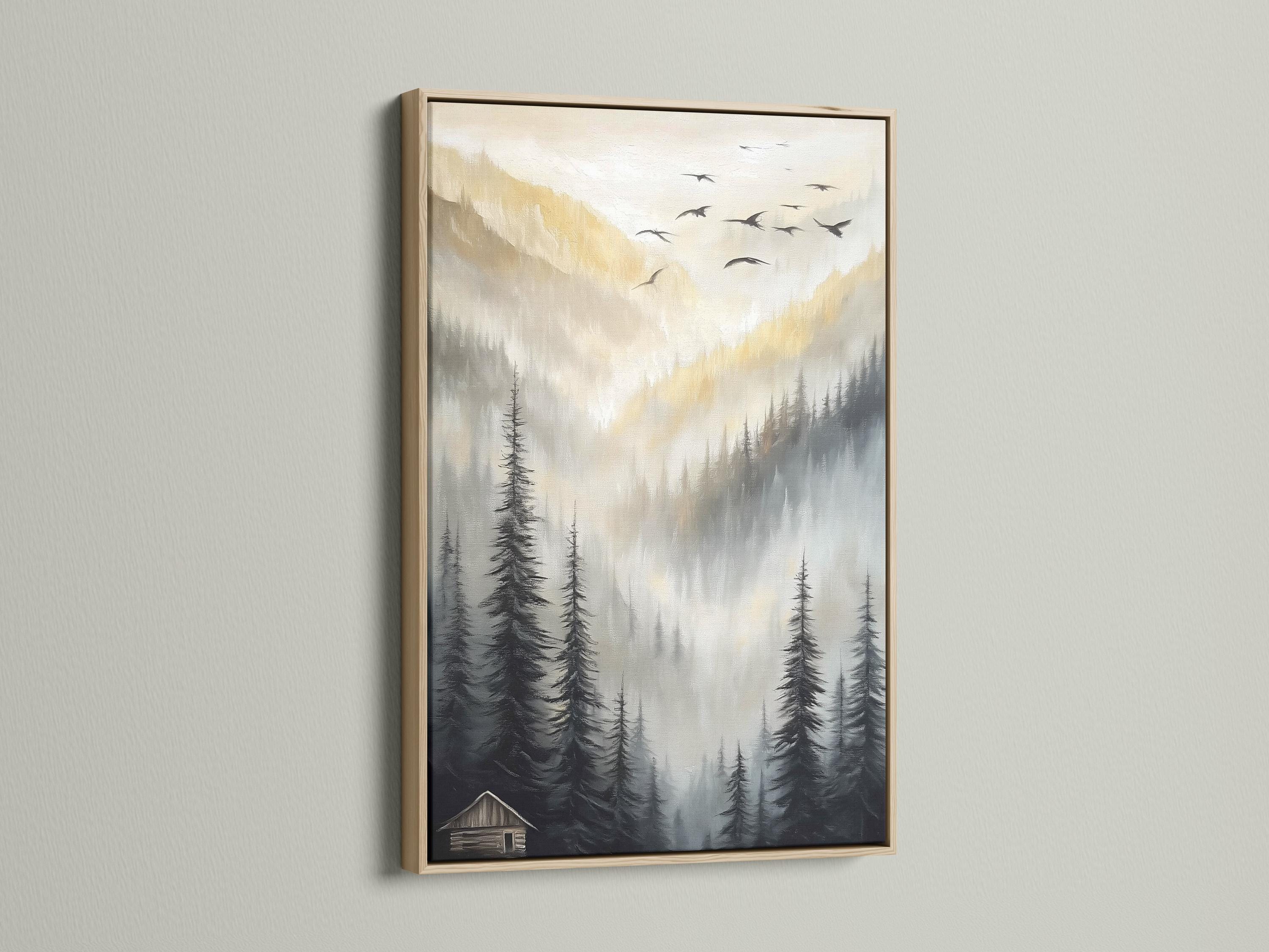 Misty mountain landscape artwork with pine tree silhouettes and birds in the sky detail view