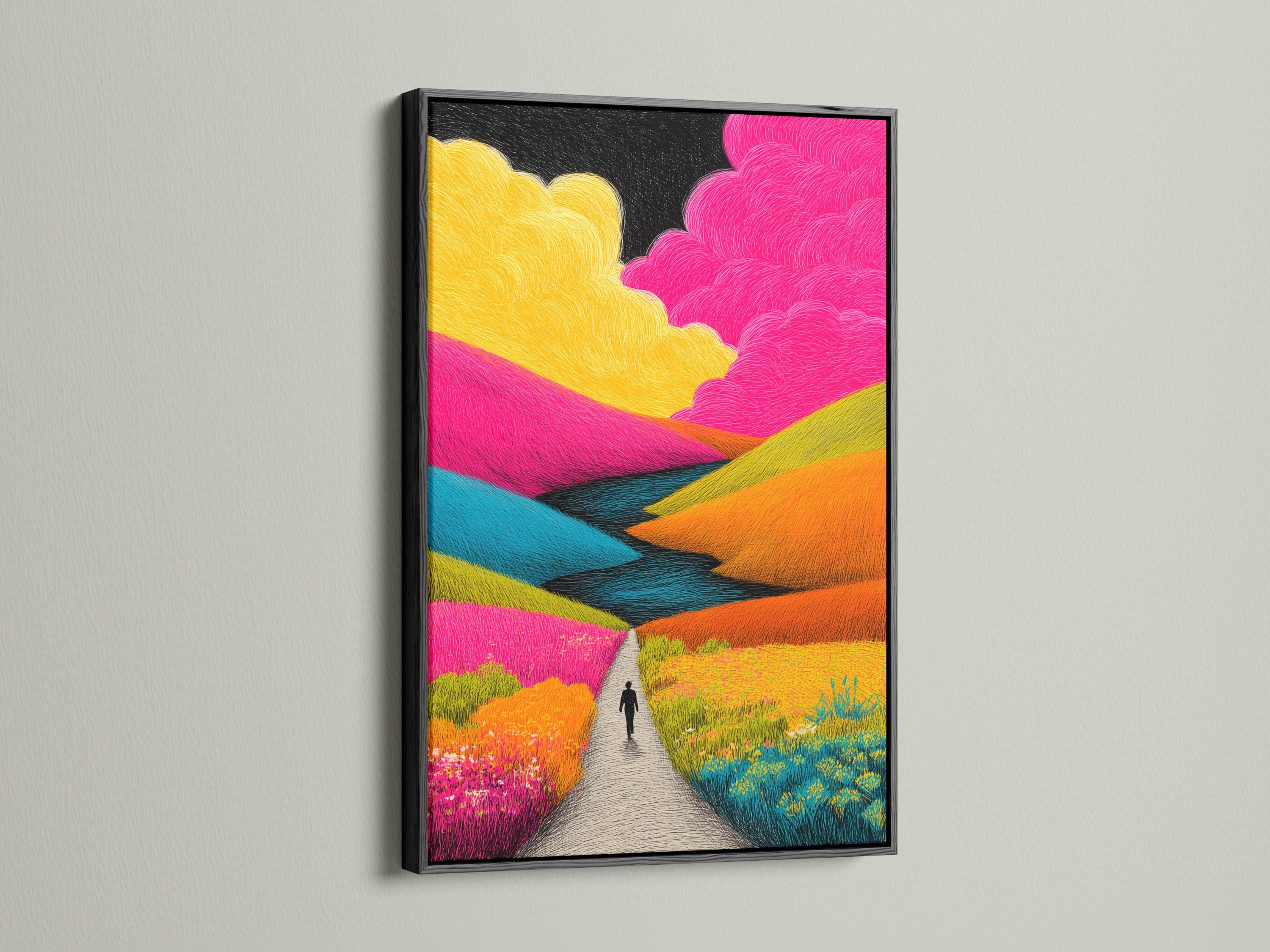 Vibrant abstract landscape with a winding path, layered pink and yellow fields, and cloud shapes under a dark sky detail view