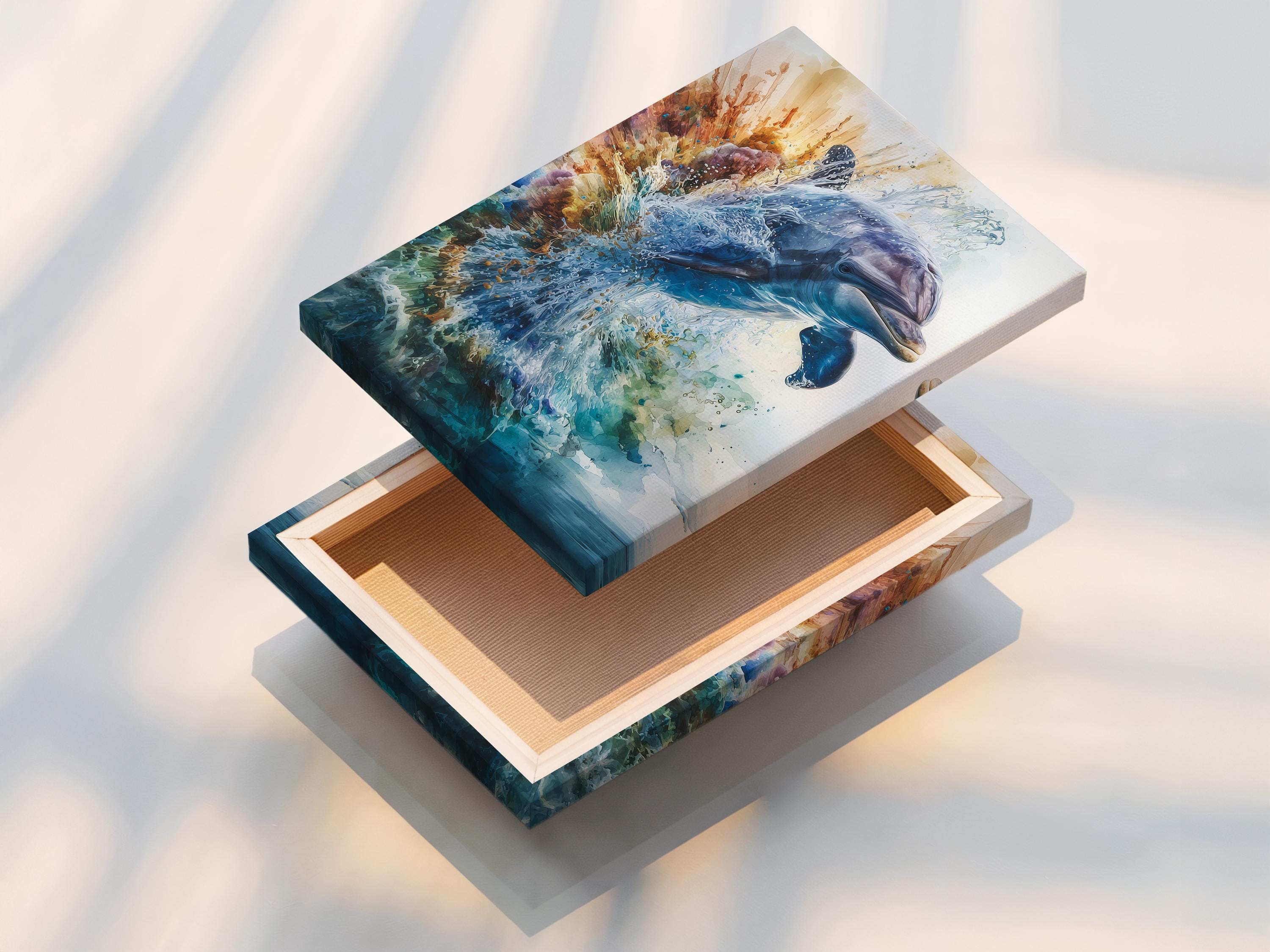 Framed ocean dolphin splash artwork on a wall with other frame options