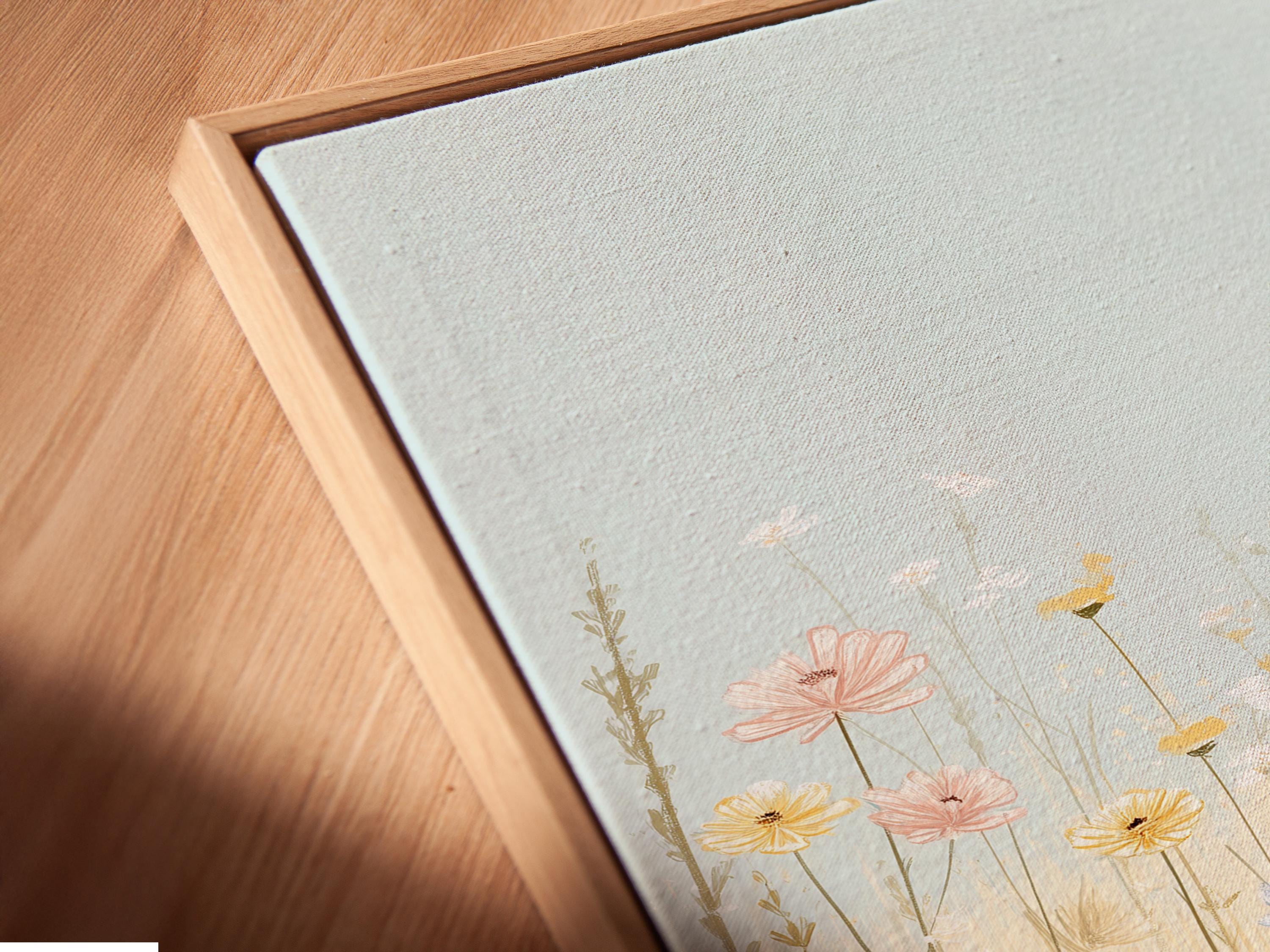 Room mockup showing an artwork with a whimsical owl in a pastel wildflower meadow