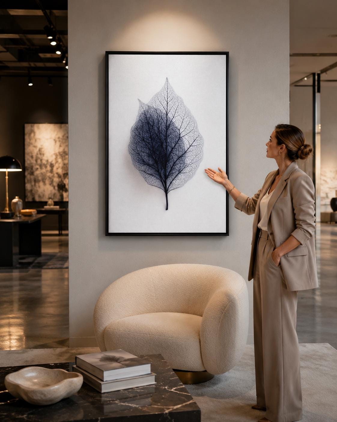 A person looking at a framed leaf skeleton wall artwork in a bright room