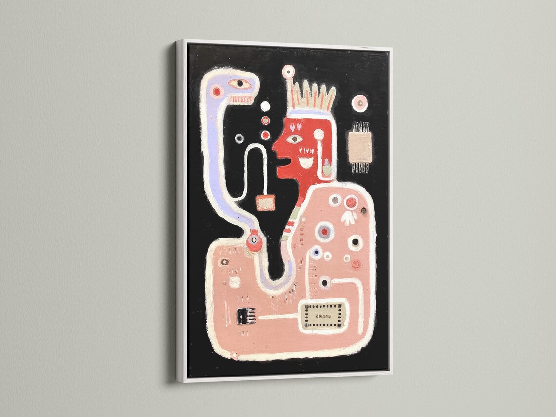Room mockup showing an abstract odd face artwork with dusty pink, light blue and red details