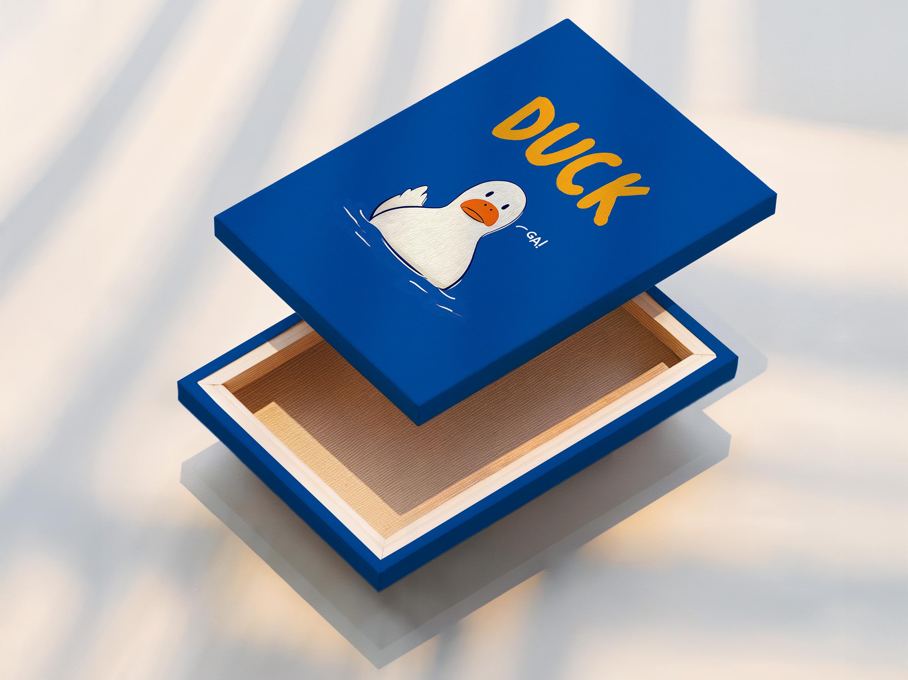 Room mockup showing blue framed duck artwork with orange “DUCK” text