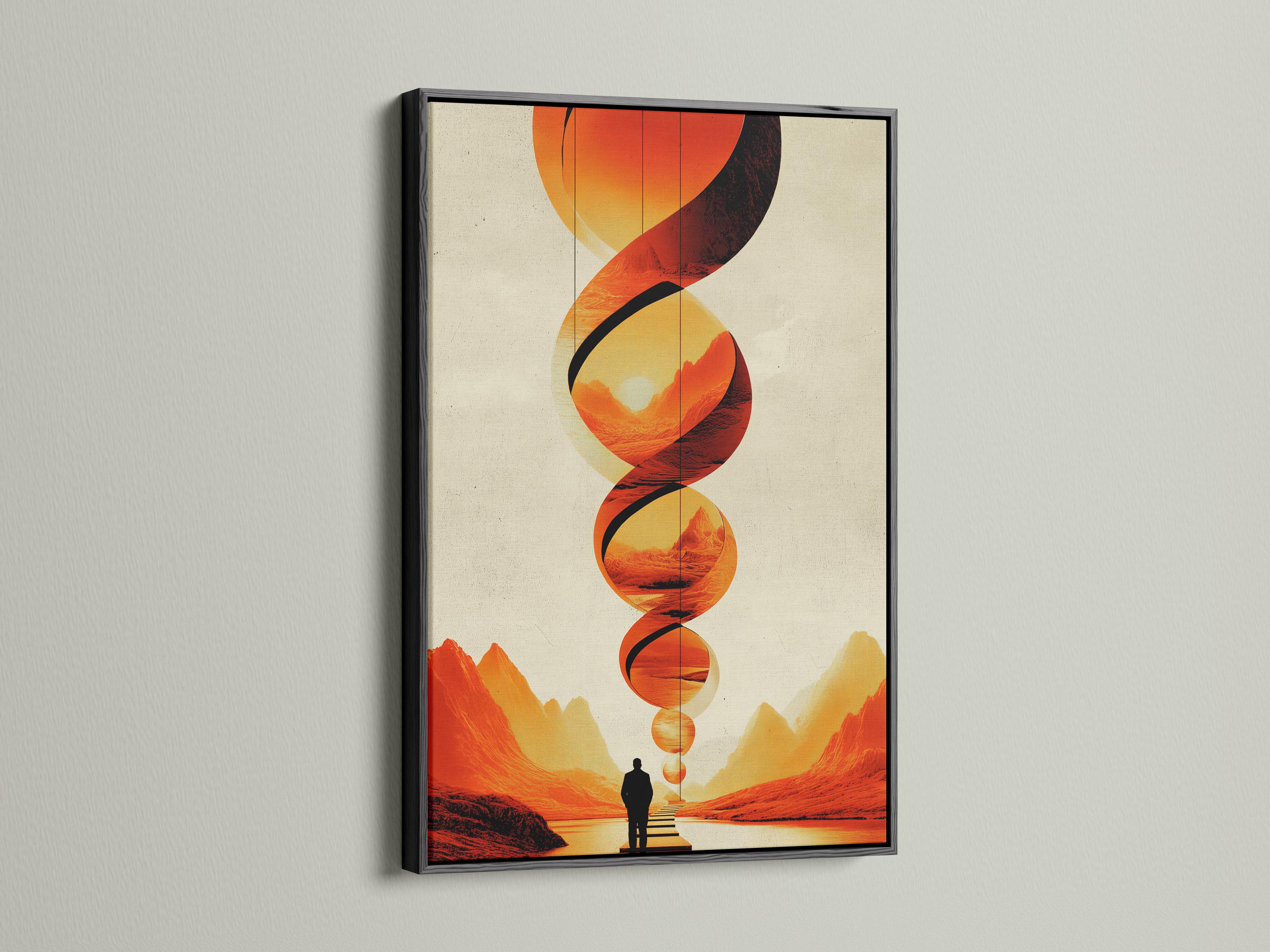 Surreal landscape with overlapping orange circles, black curved bands and a lone figure on a path detail view