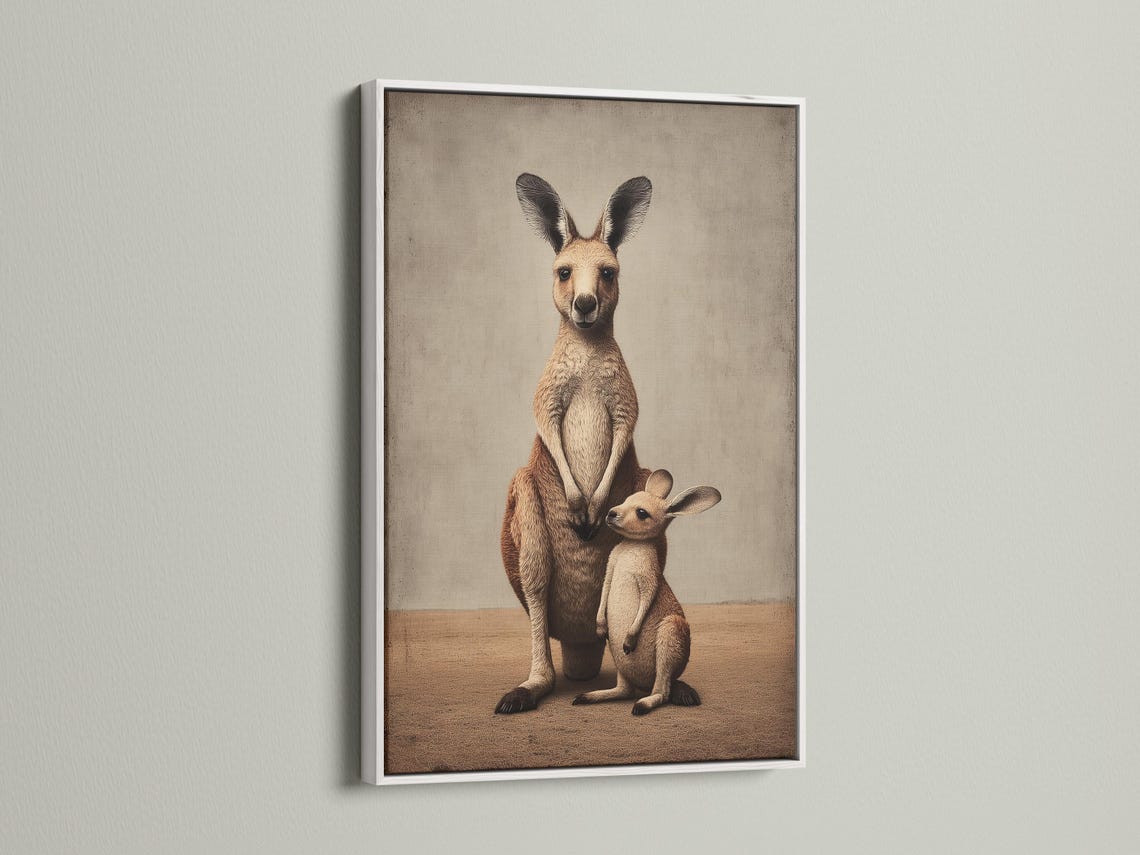Room mockup showing a framed beige kangaroo mother and joey artwork