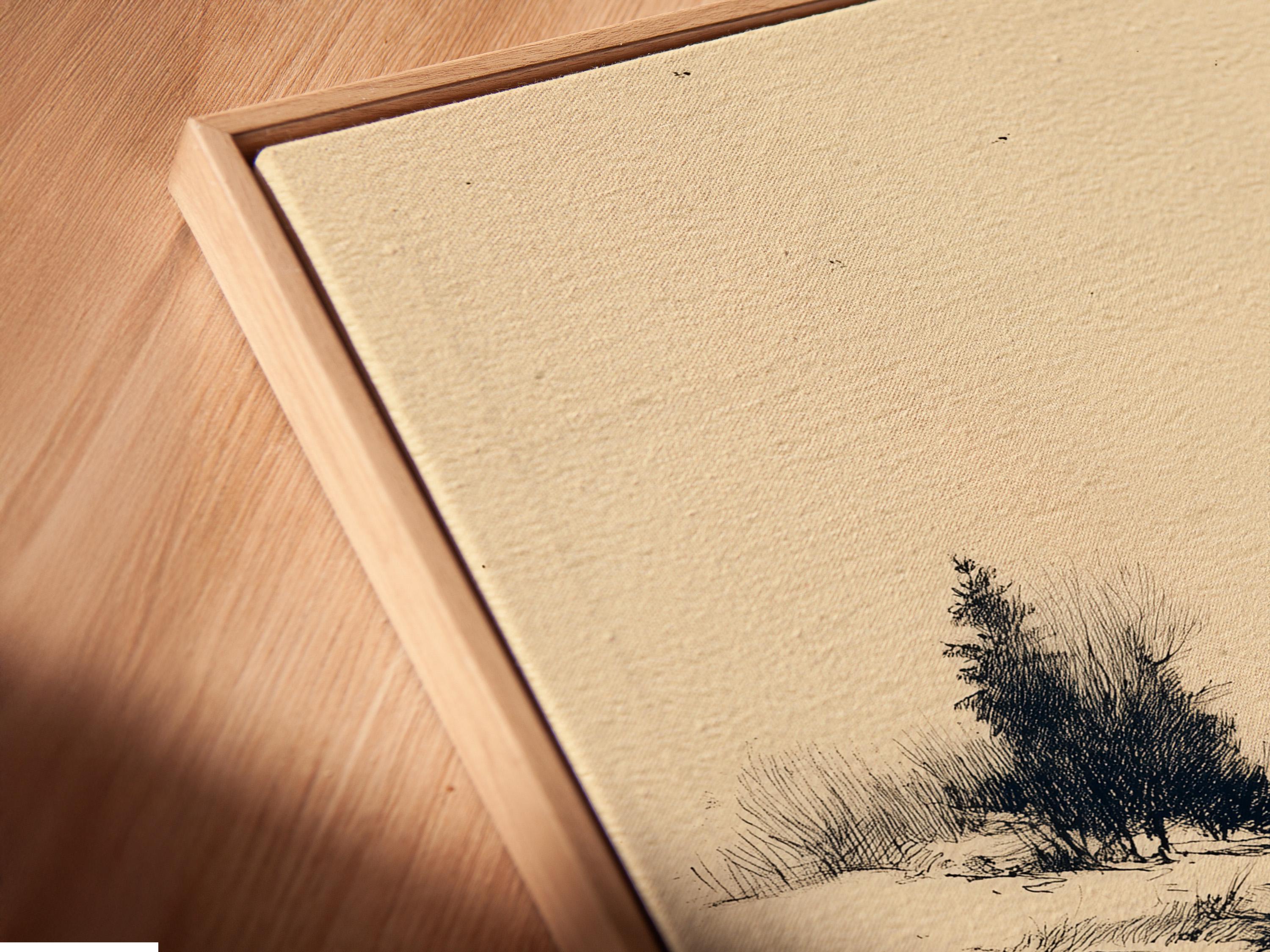 Woman holding a large framed beige river landscape sketch on a light wall in a bright room