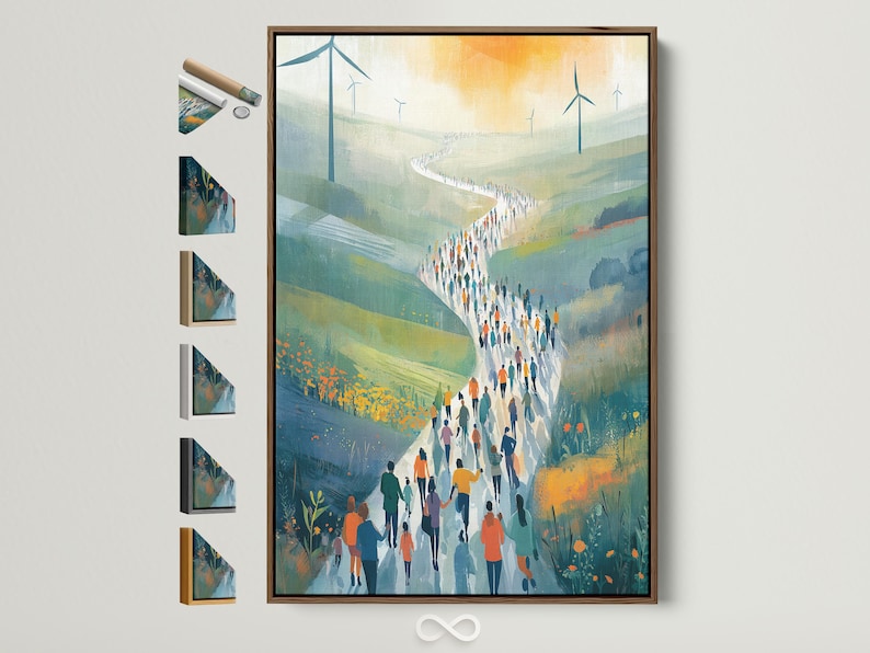 Wind turbine landscape with a walking crowd along a winding path through blue-green hills