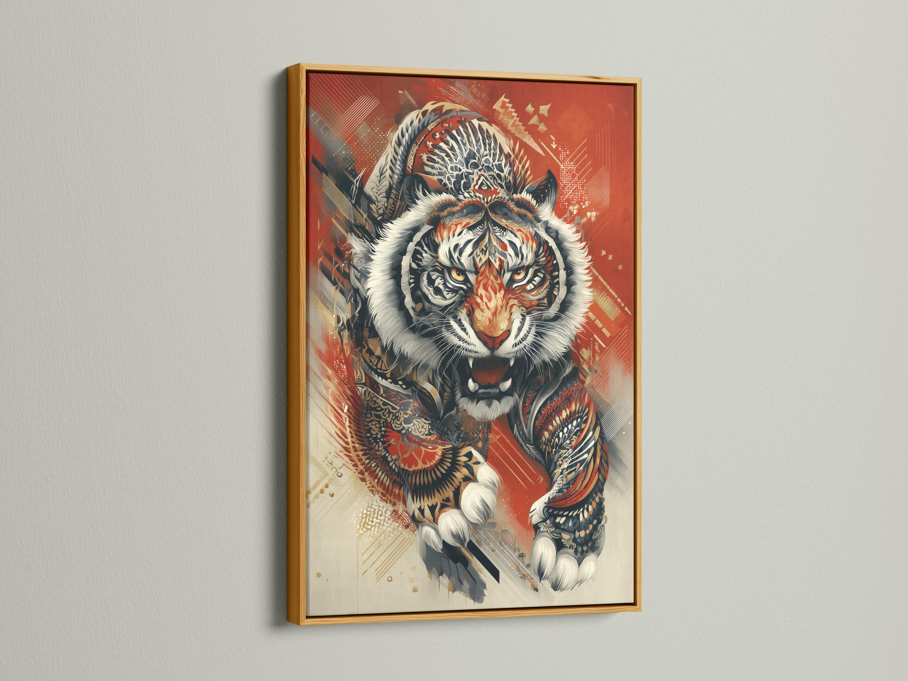 Roaring tiger wall artwork shown with wall mounting options and frame mockups on a light background
