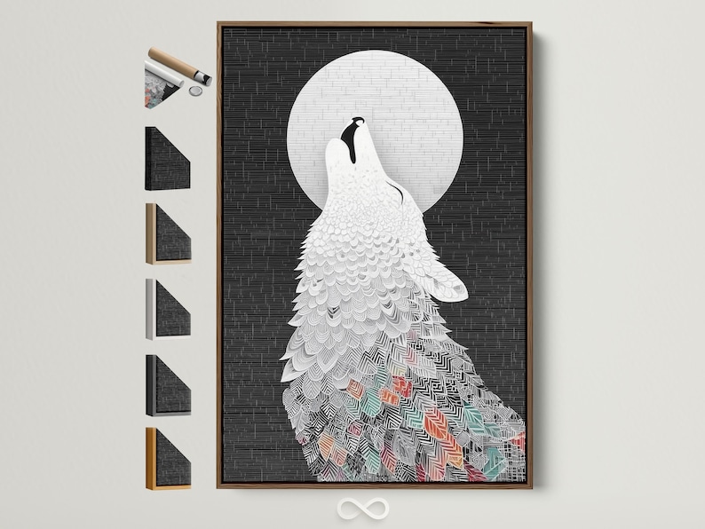 Stylised wolf howling beneath a pale moon on a dark patterned background
