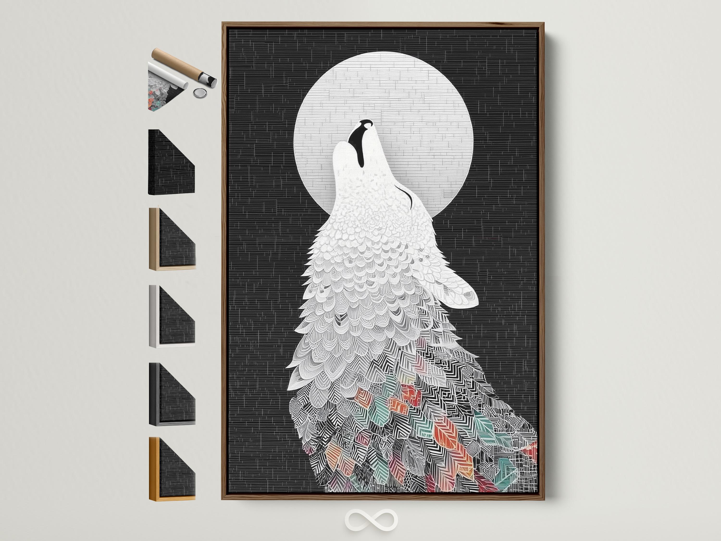 Stylised wolf howling beneath a pale moon on a dark patterned background