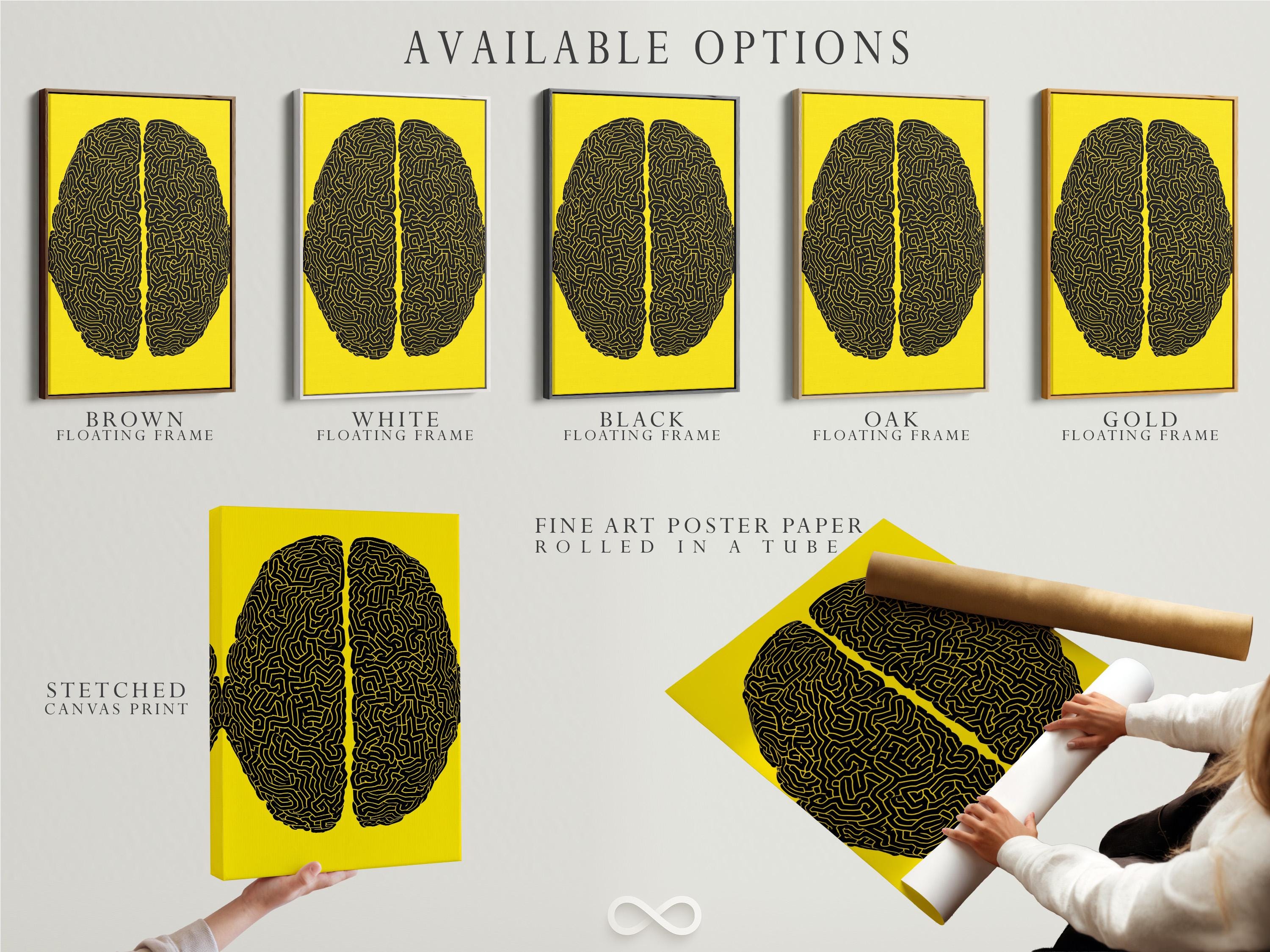 Two black brain silhouettes filled with maze-like lines on a yellow background detail view