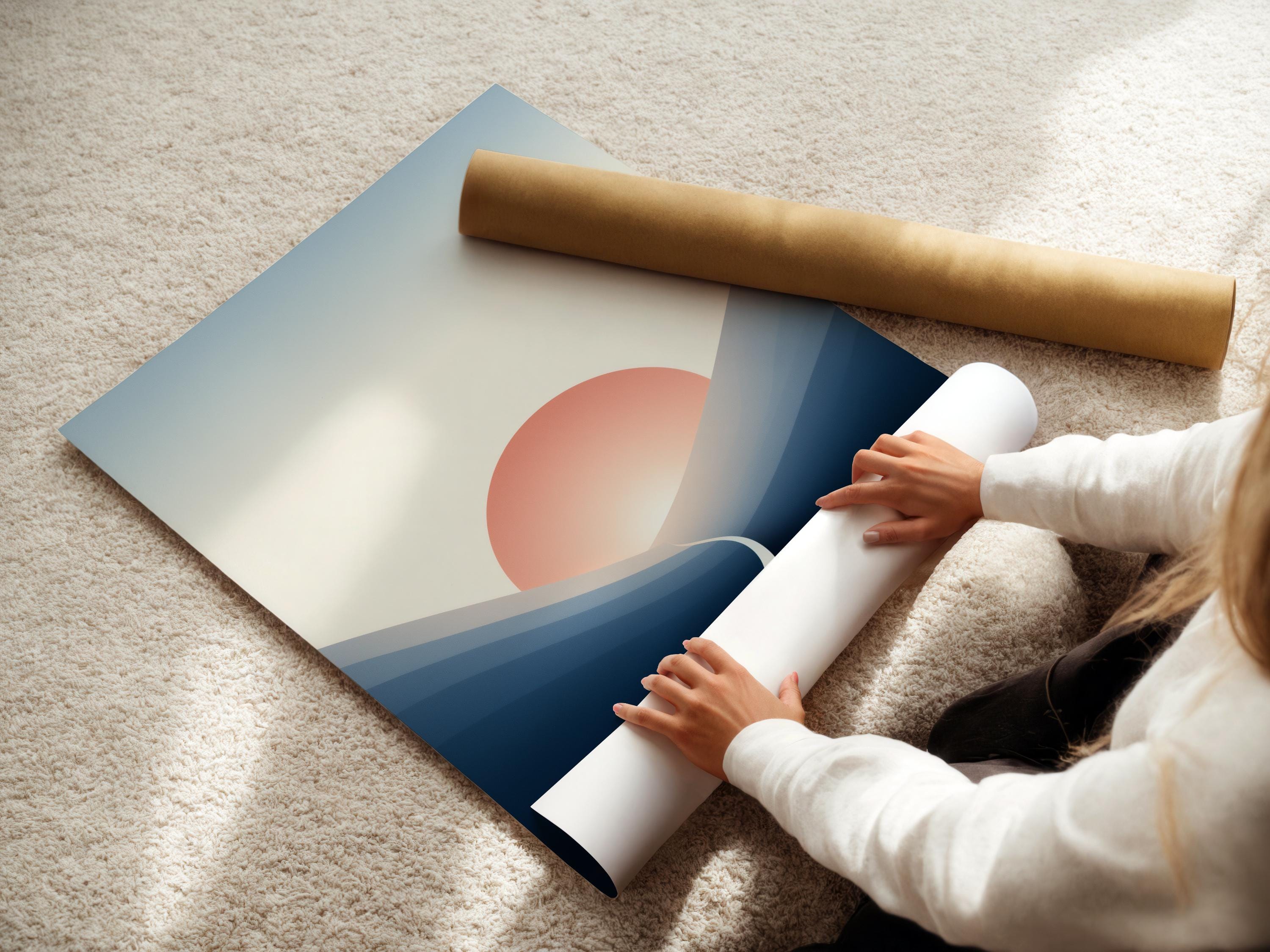 Peach sunrise over cool blue mountains with a winding pale path and a small silhouette figure detail view