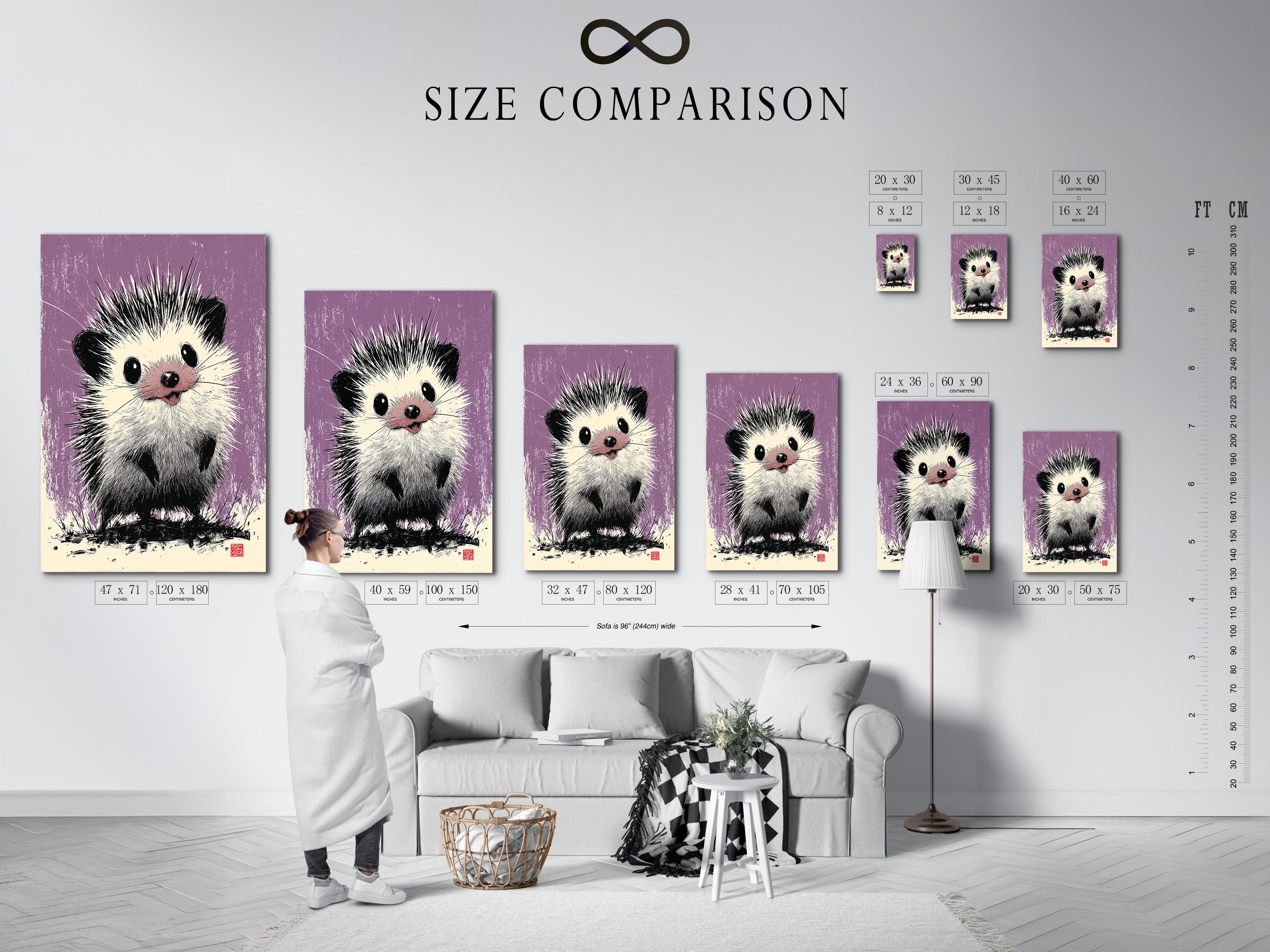 Hedgehog illustration in black and white on a textured lilac-purple background detail view