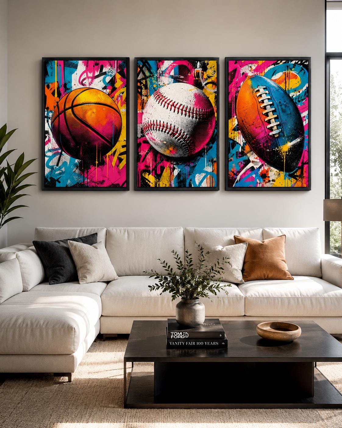 Three-panel pop art sports set showing a basketball, baseball and football with “POP ART SPORTS” text detail view