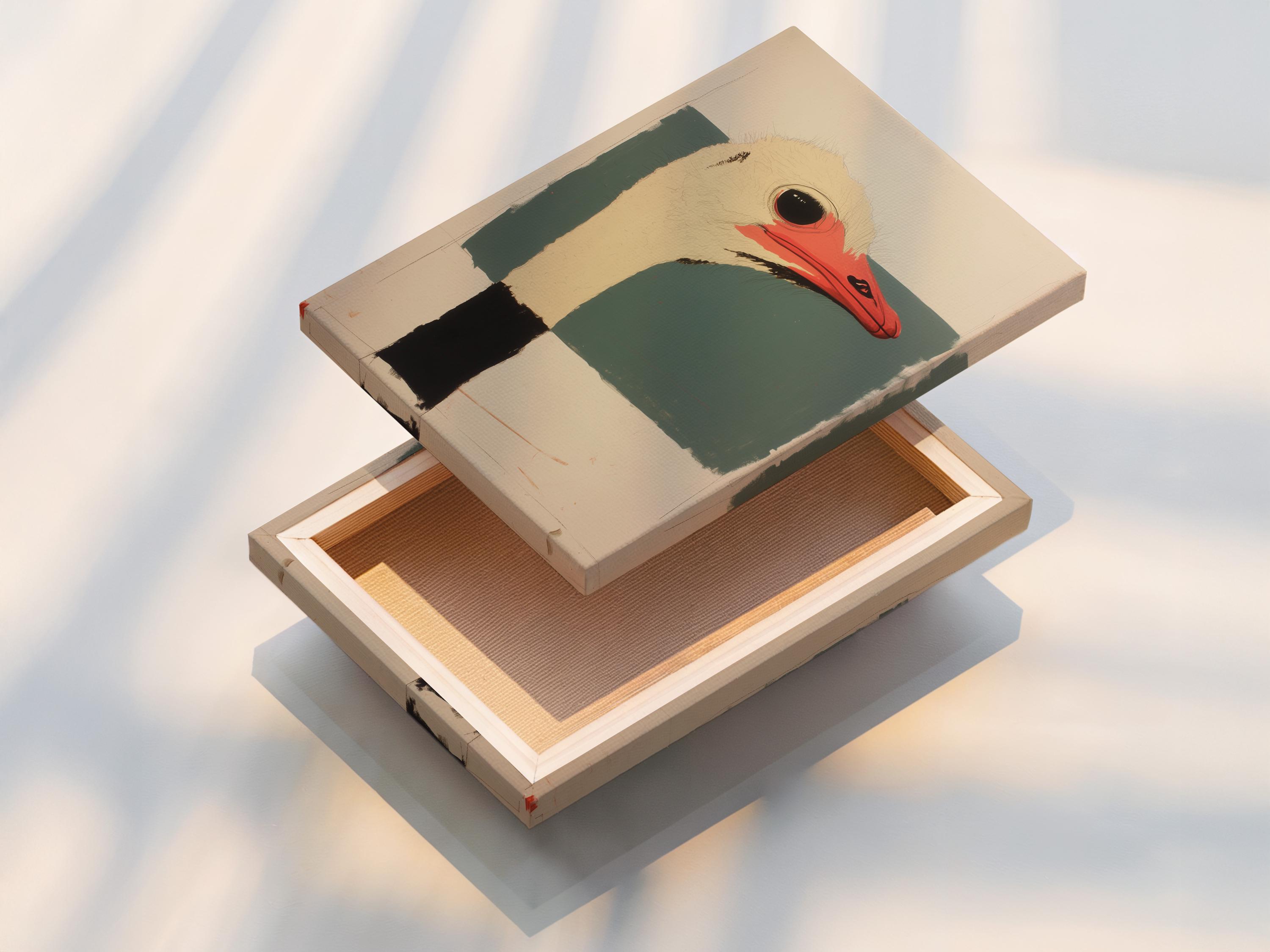 Stylised ostrich head portrait with red beak, dark eye, beige and teal shapes detail view