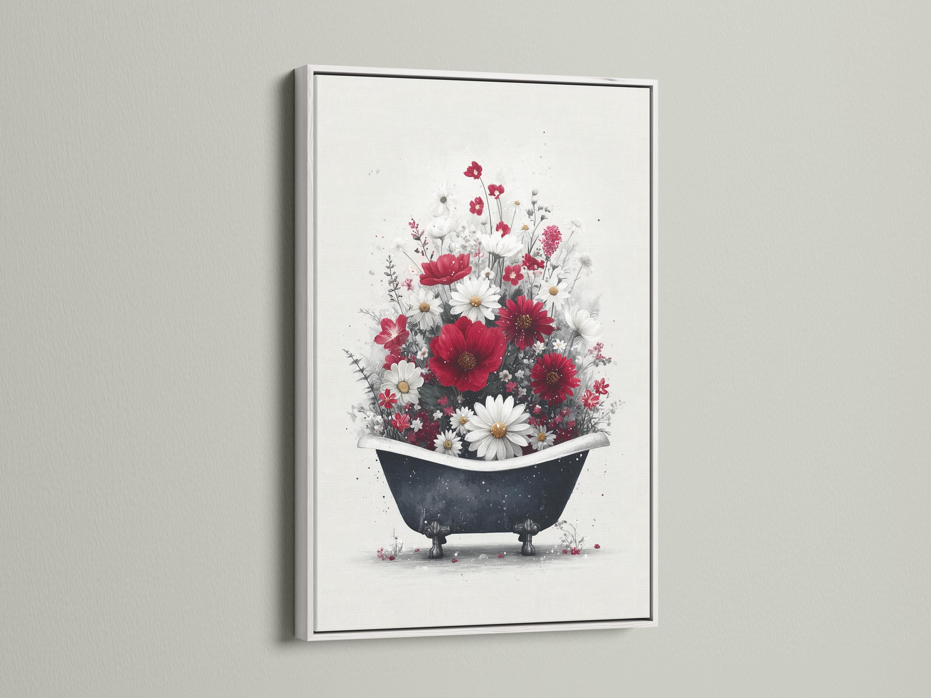 Vintage floral bathtub illustration with red and white flowers filling a dark bathtub detail view