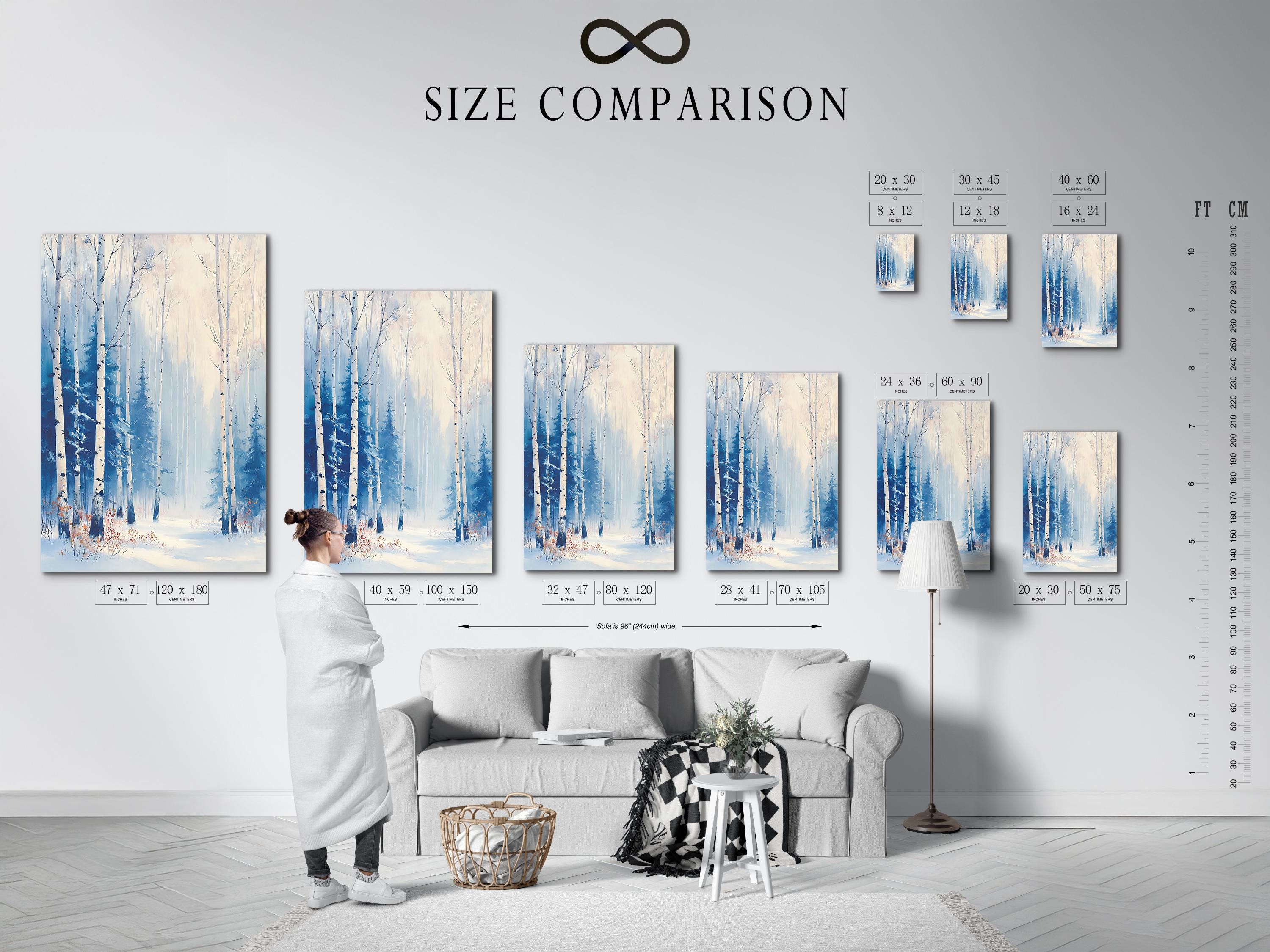 Snowy birch forest painting with pale blue trees and misty winter sky detail view