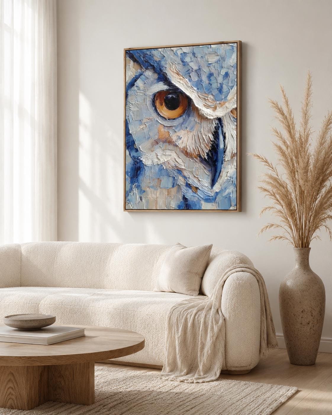 Room scene with a framed blue owl painting above a desk where a person writes in a book