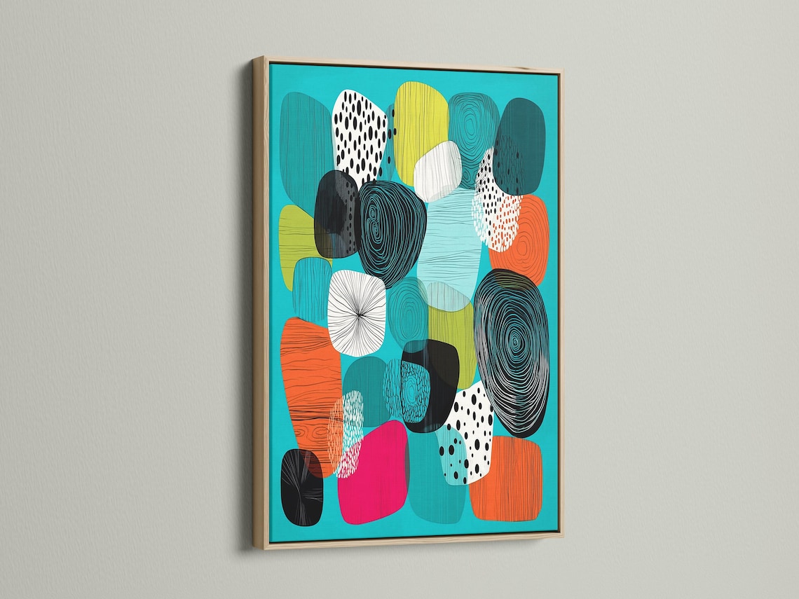 Abstract artwork in a framed composition with turquoise background and patterned shapes