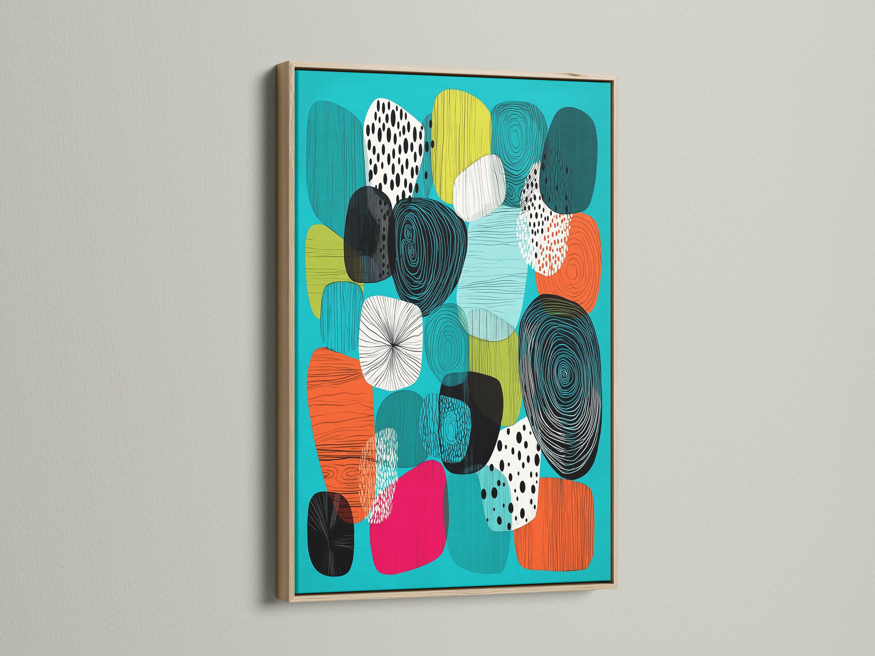 Abstract artwork in a framed composition with turquoise background and patterned shapes