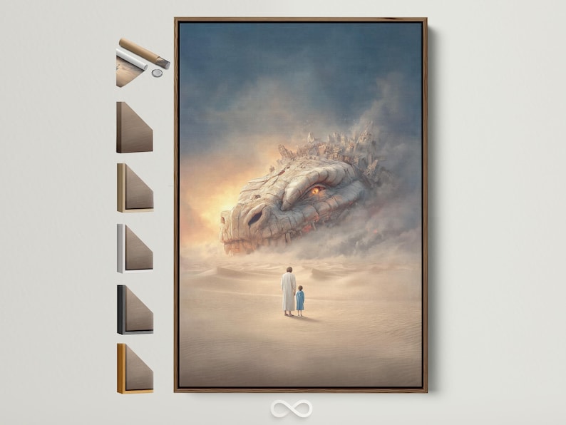 Fantasy dragon curled over desert dunes under a warm sunrise sky