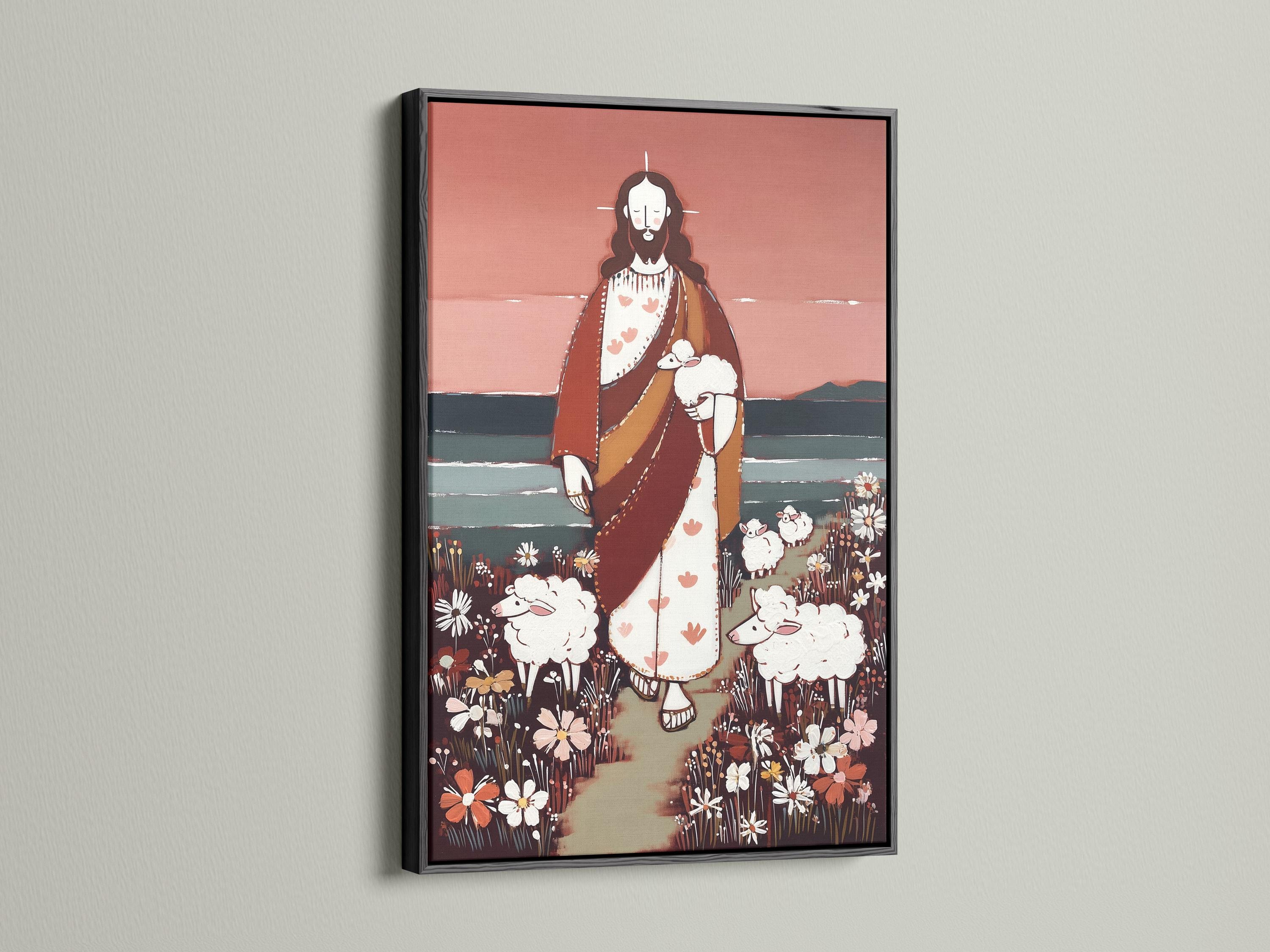 Stylised Jesus holding a white sheep, surrounded by sheep and wildflowers in a flower field detail view
