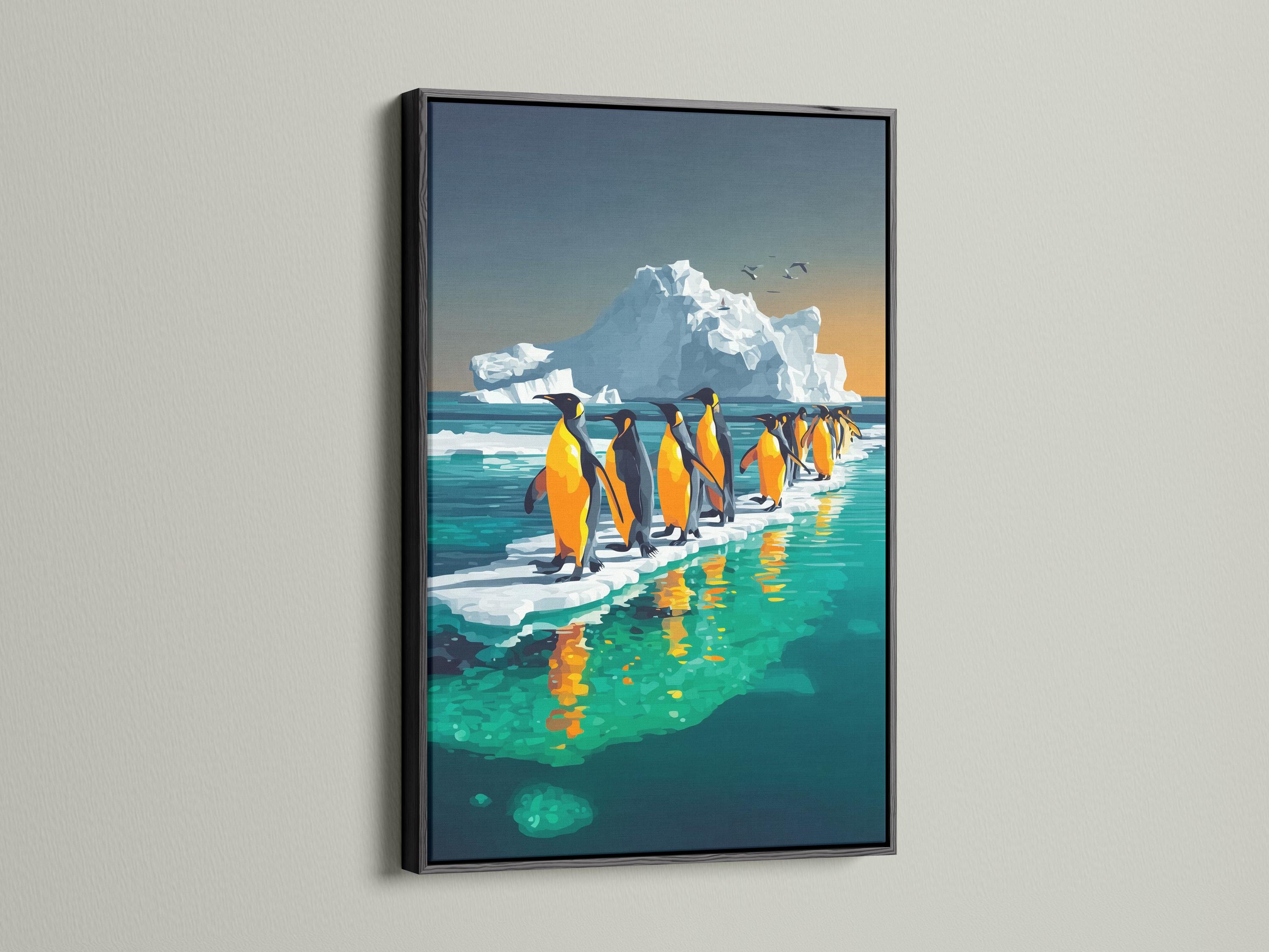 A person holding a camera stands near a framed penguin artwork in a light room