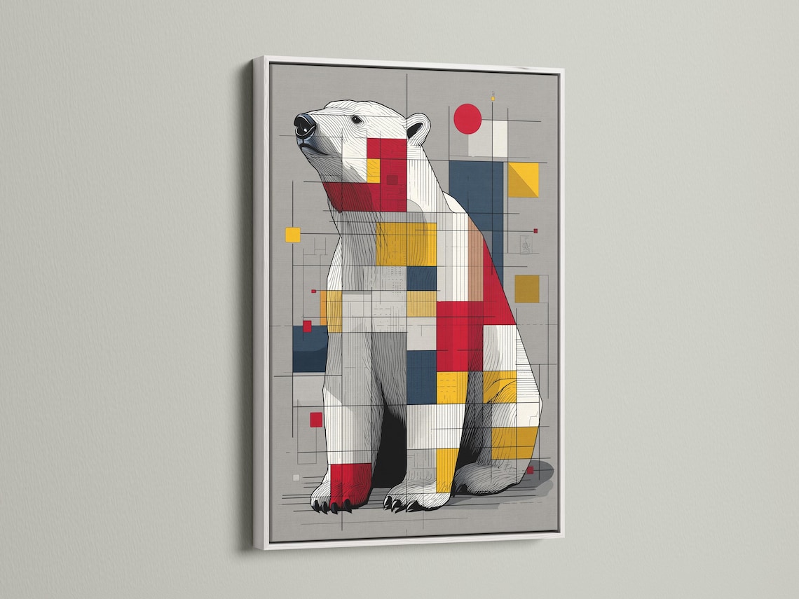 Room mockup showing framed geometric polar bear artwork on a wall