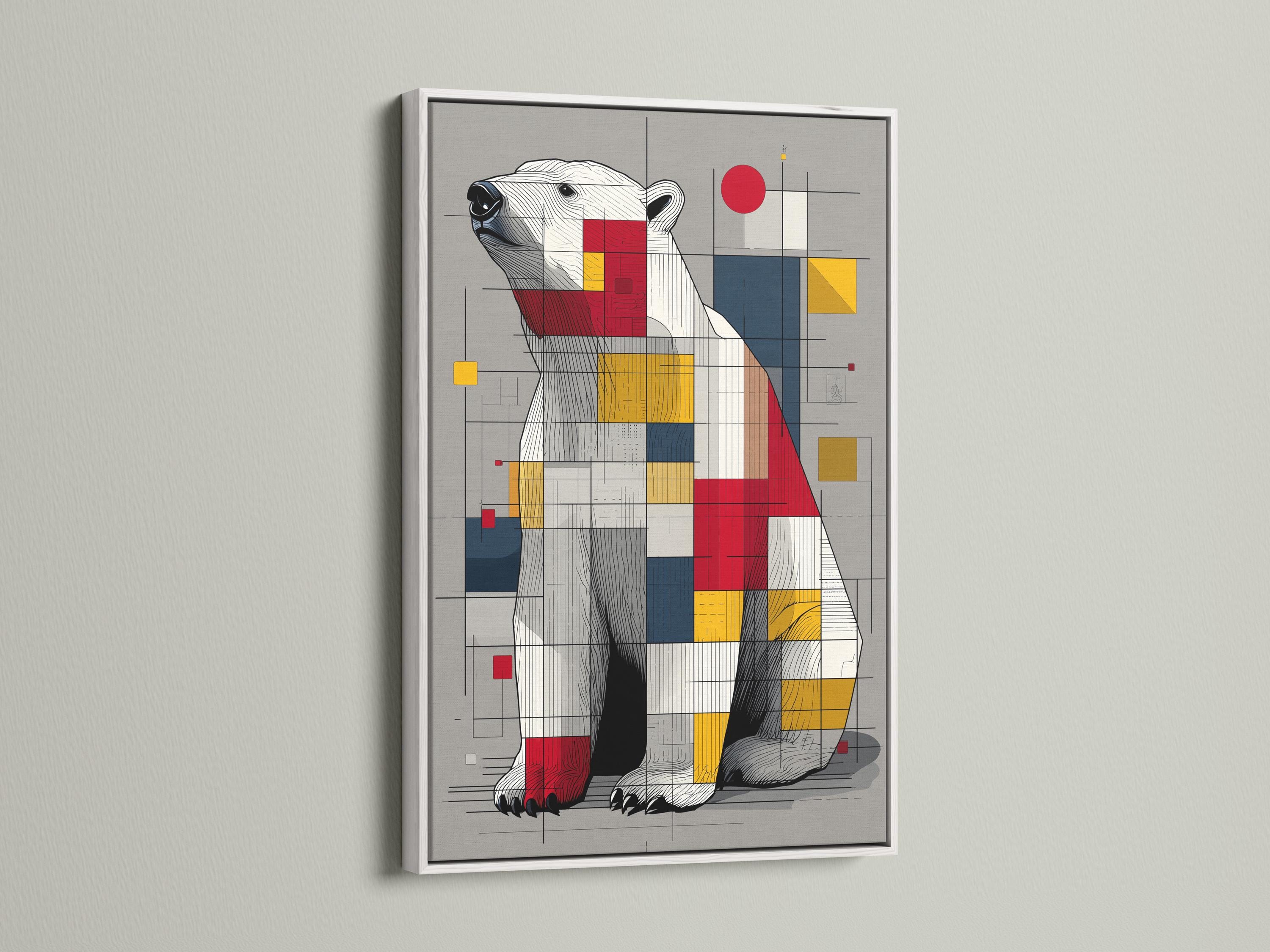 Room mockup showing framed geometric polar bear artwork on a wall