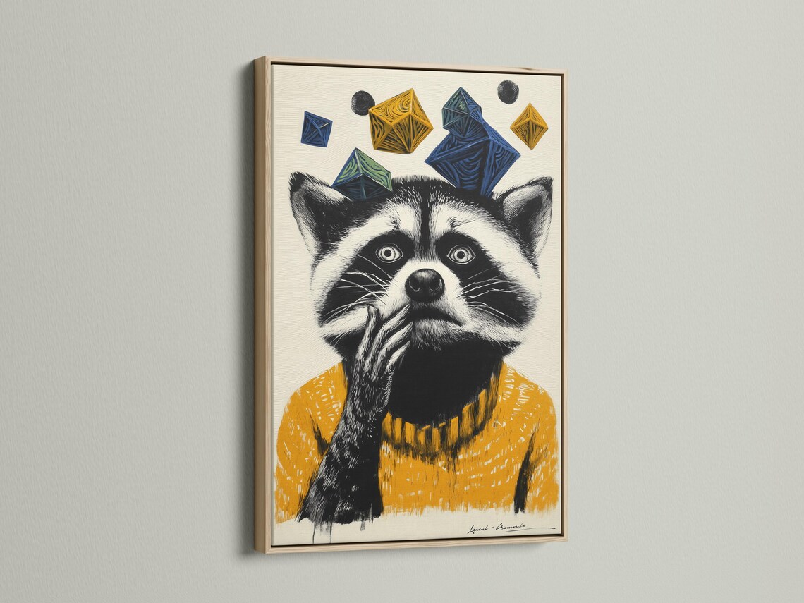 Stylised raccoon portrait with black and white fur, mustard yellow texture, and floating navy geometric shapes detail view