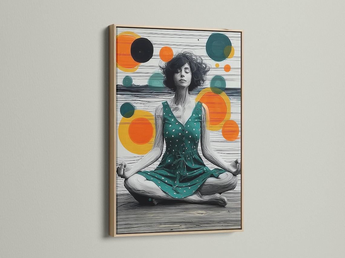 Seated meditating woman illustration with teal, orange and yellow circles and horizontal stripes background detail view