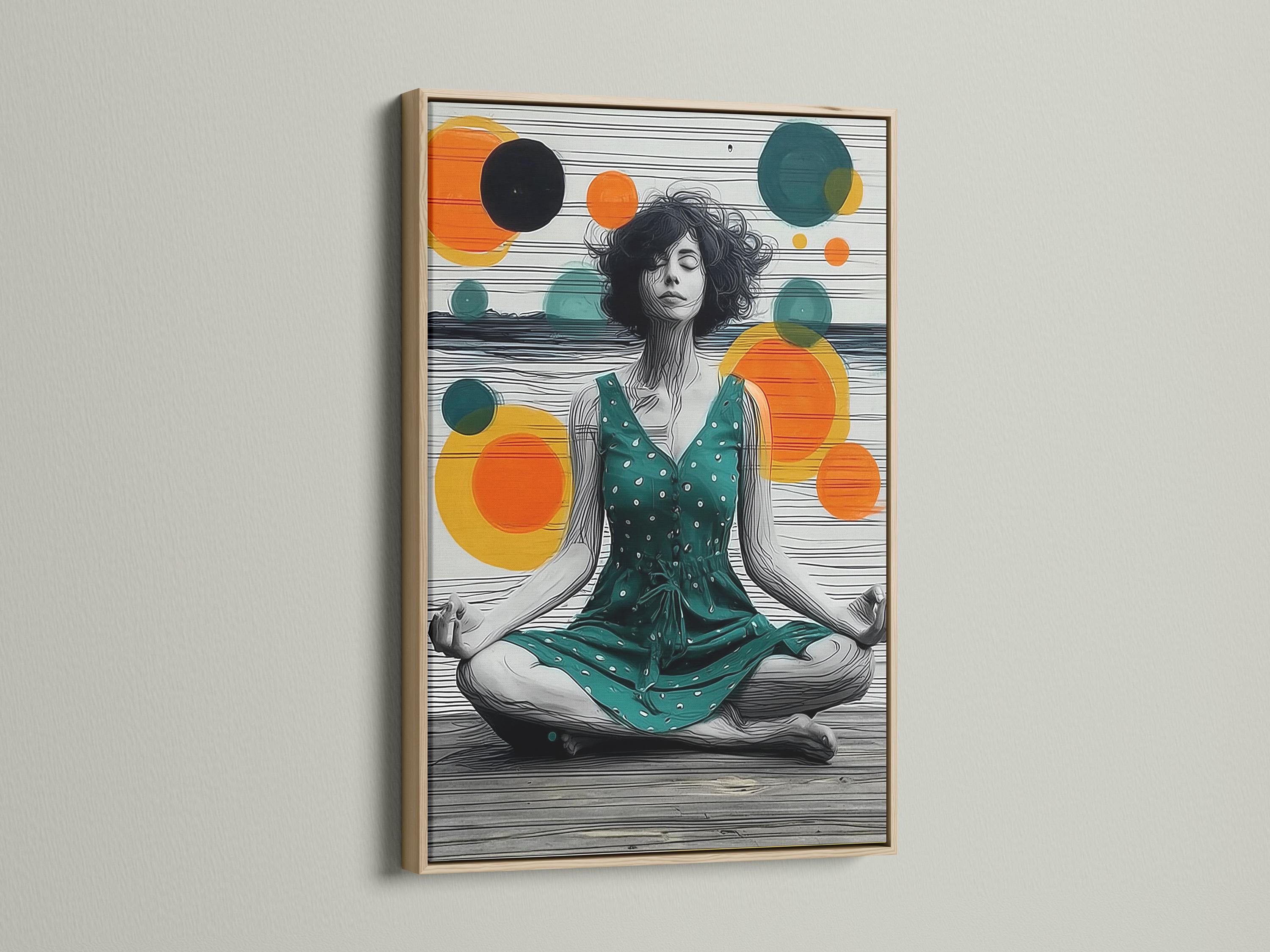 Seated meditating woman illustration with teal, orange and yellow circles and horizontal stripes background detail view
