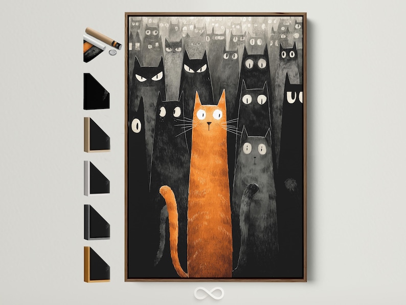 Orange cat and multiple black and grey cats in a textured illustration style