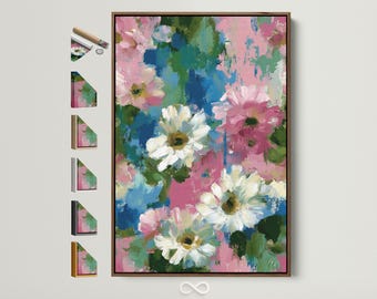 Abstract Floral Canvas Print - Blush Pink, Teal & White Flower Wall Art, Impressionist Botanical Artwork for Living Room, Spring Decor