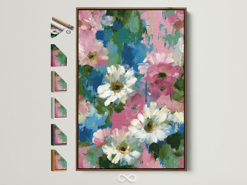 Painterly abstract floral artwork with pink and white blossoms and teal and green brush textures