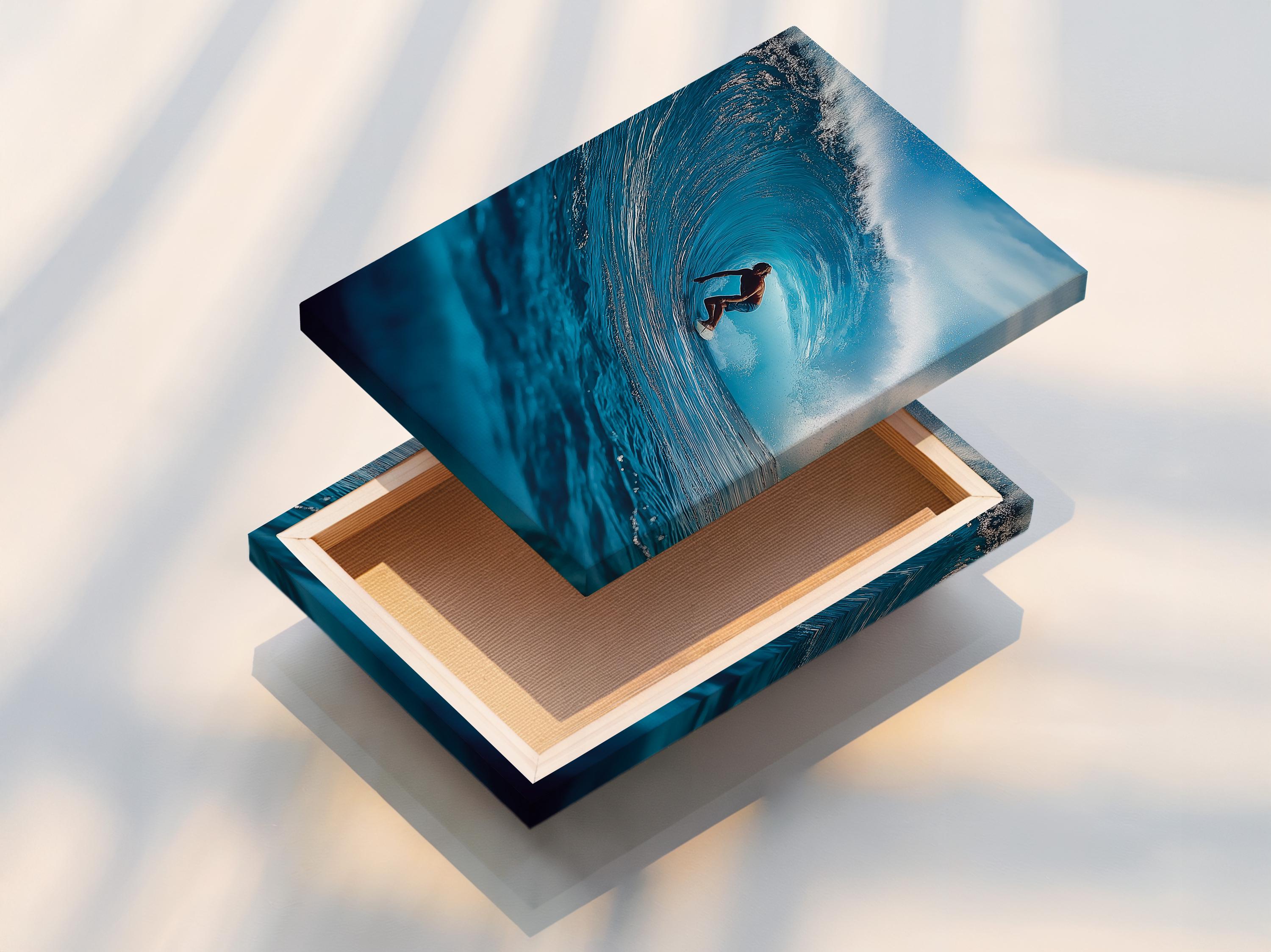 A blue ocean wave artwork shows a surfer riding through white foam, with bright sky-toned highlights and swirling water texture detail view
