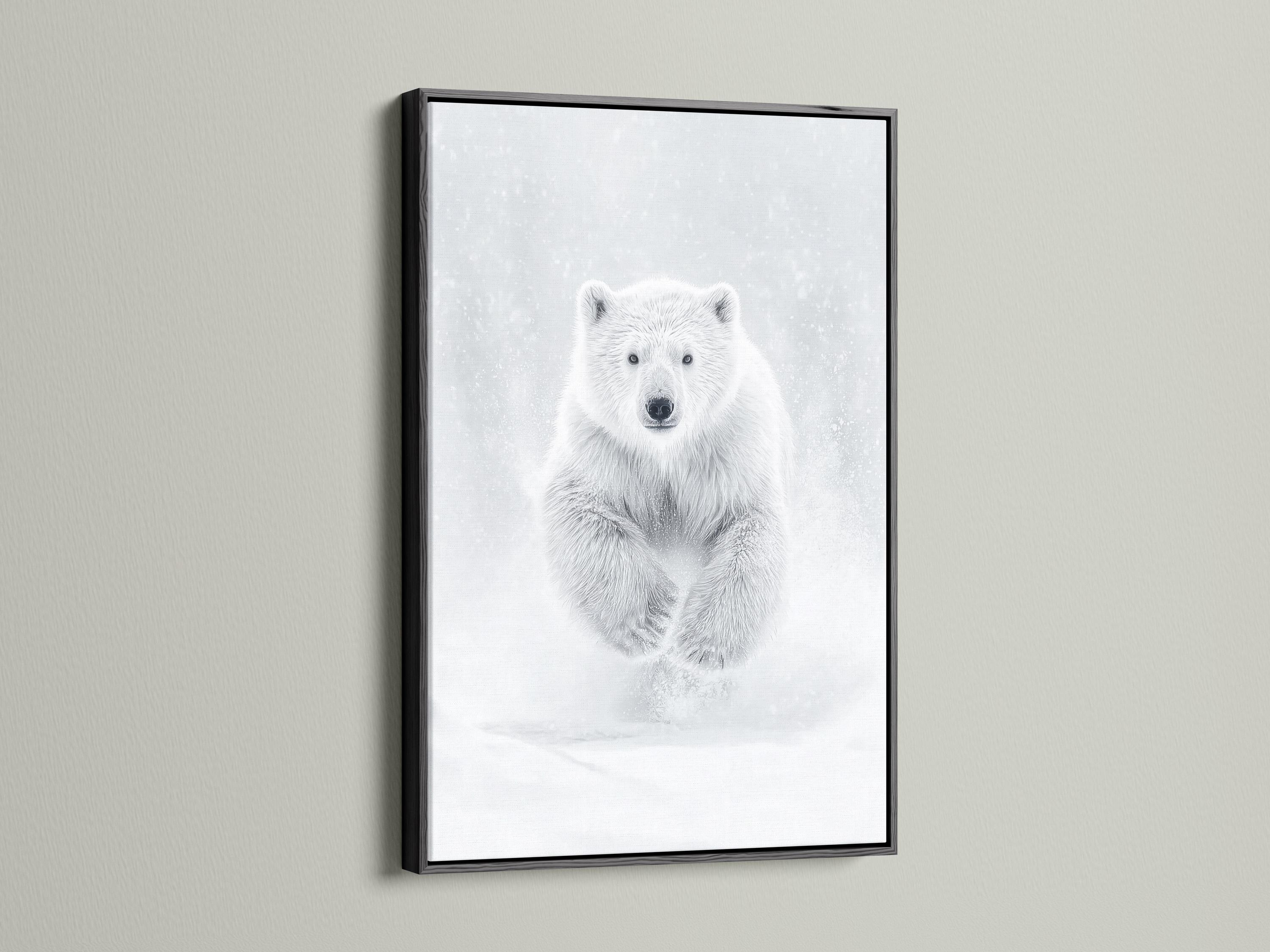 Room mockup showing a framed monochrome polar bear running artwork