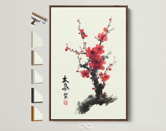 Red Blossom Canvas Art - Japanese Wall Decor, Floral Art Print, Asian Home Decor, Modern Office Art, Spring Wall Decor, Housewarming Gift