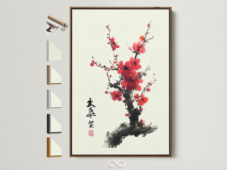 Red plum blossom flowers on dark ink branches with vertical calligraphy and a red seal stamp