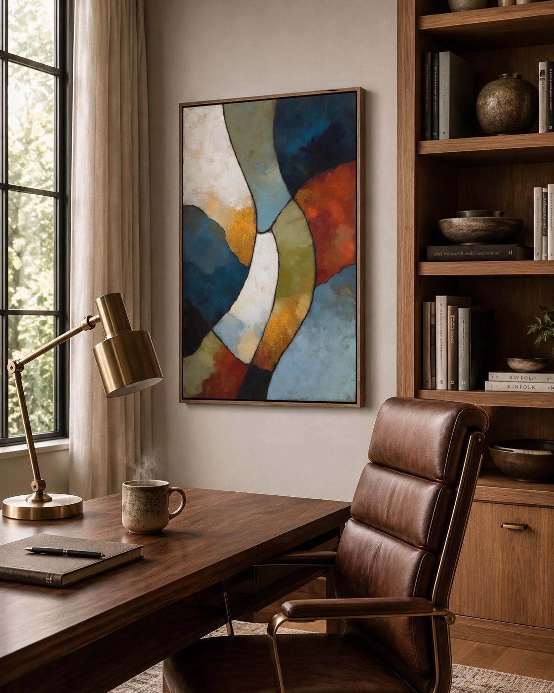 Man sitting on a sofa in a room, with an abstract geometric artwork on the wall